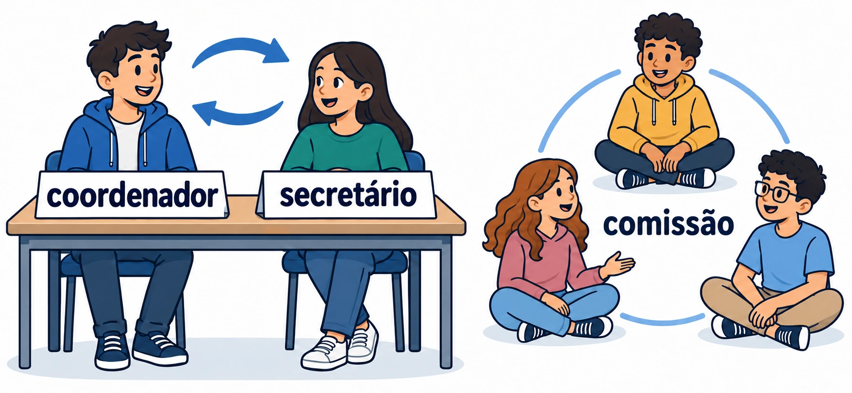 Dois estudantes com funções de coordenador e secretário podem trocar de lugar; ao lado, três estudantes formam uma comissão sem funções indicadas.