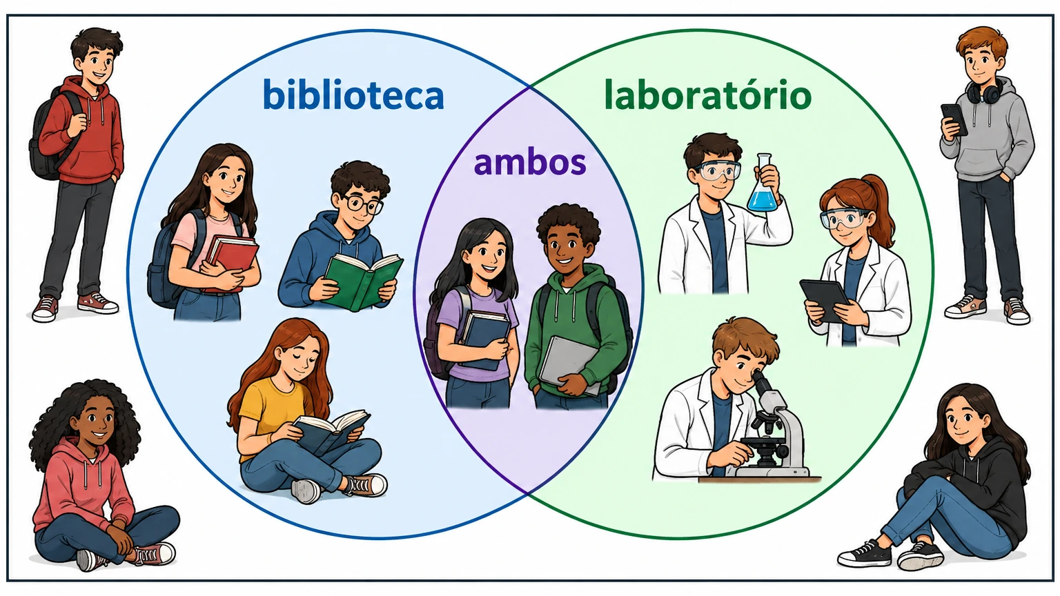 Diagrama de dois conjuntos, biblioteca e laboratório, com três estudantes em cada região exclusiva, dois na interseção e quatro fora dos conjuntos.