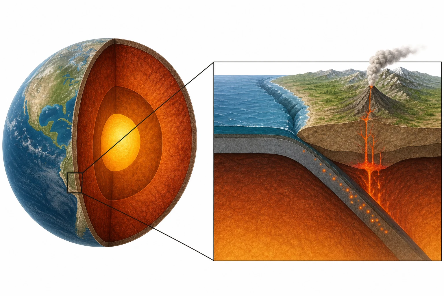 Corte del planeta con corteza, manto y núcleo junto a una ampliación donde una placa oceánica subduce bajo una continental, con fosa, terremotos, magma y volcán.