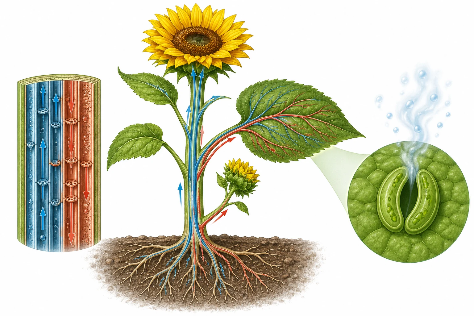 Girasol completo con flechas azules desde raíces por xilema, flechas rojas desde una hoja hacia raíz y flor por floema y ampliación de un estoma abierto que libera vapor.