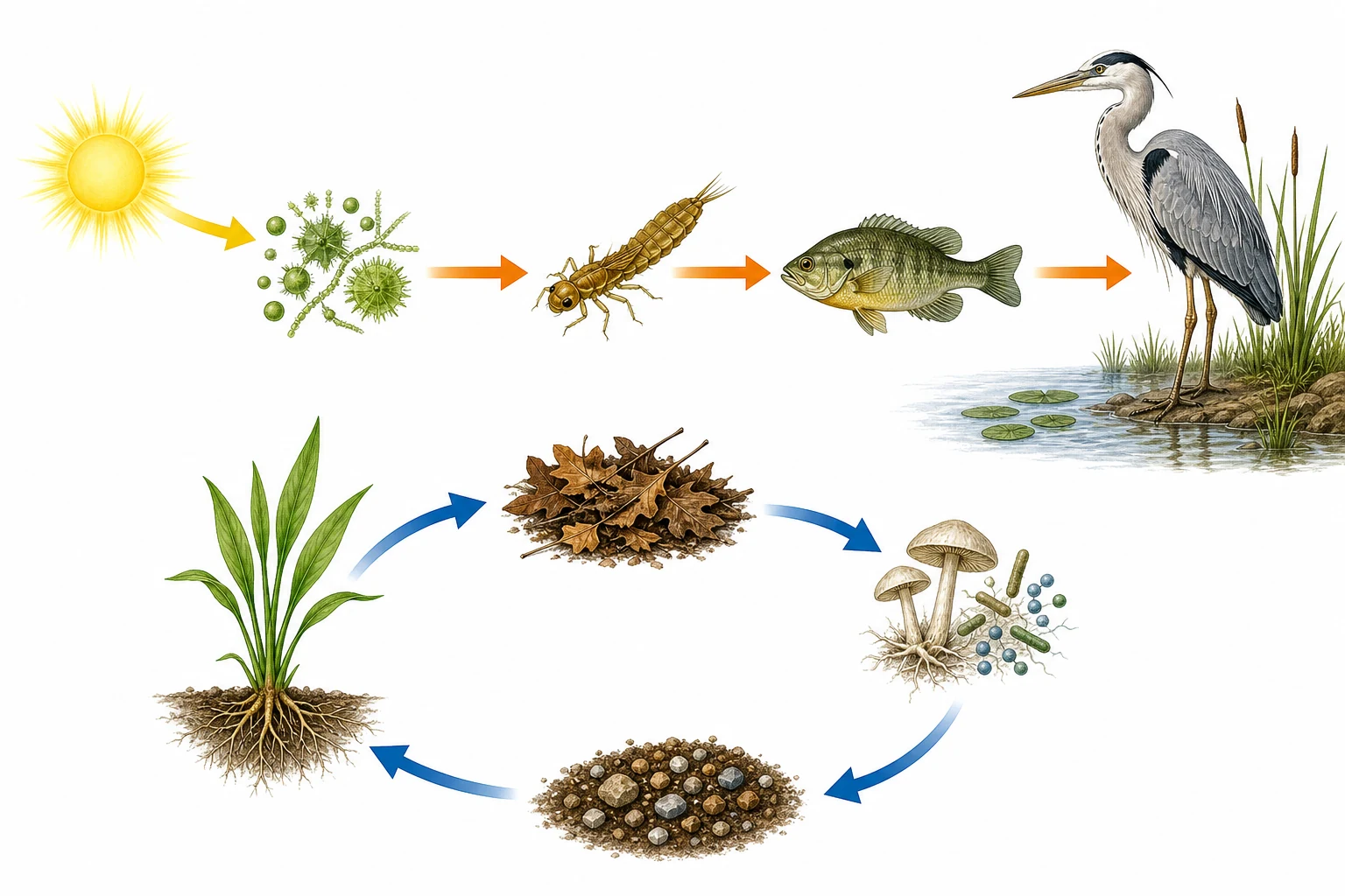 Dos diagramas de humedal: arriba, Sol, algas, larva acuática, pez y garza unidos en ese orden; abajo, planta, hojarasca, hongos y bacterias, minerales del suelo y raíces forman un ciclo.