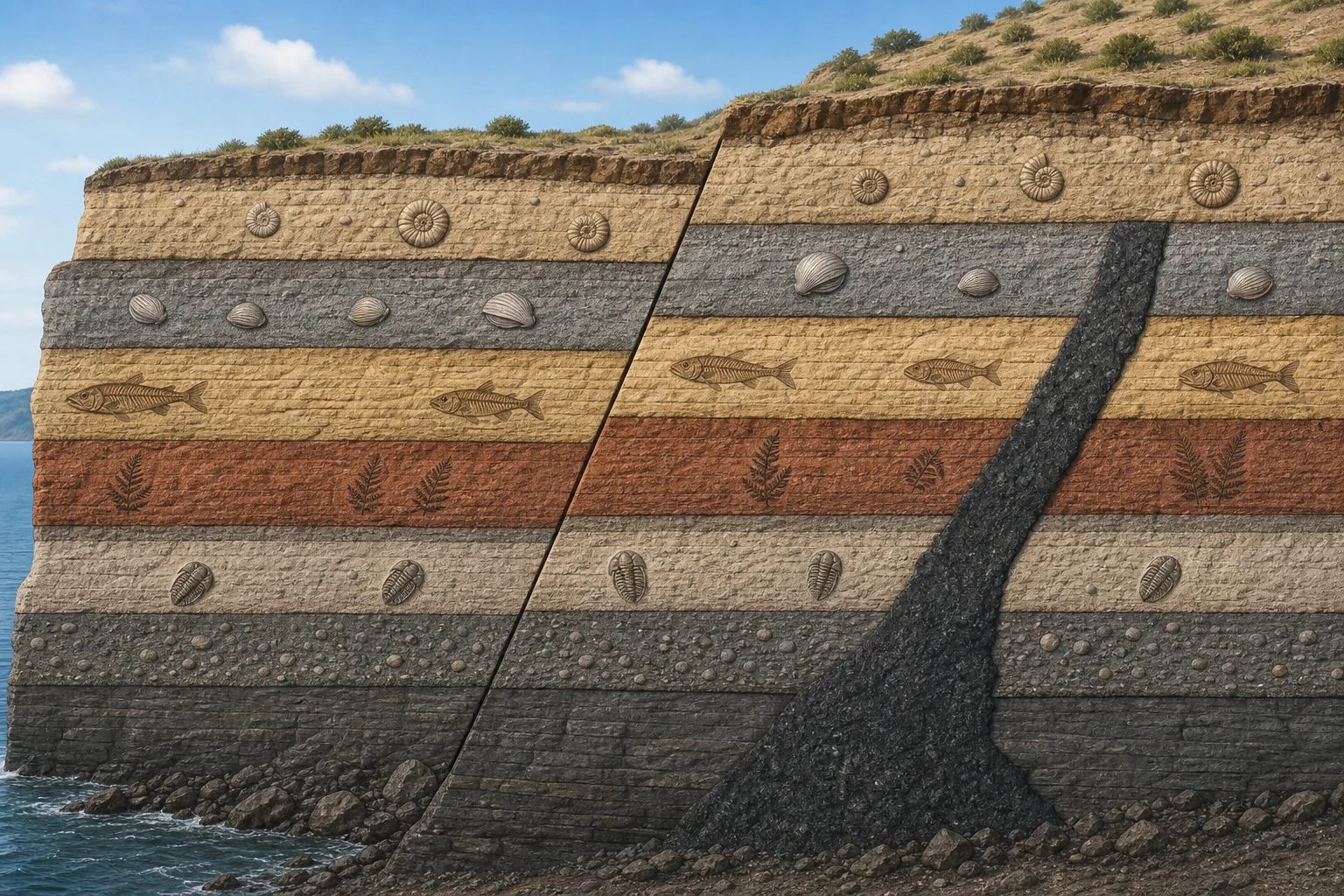 Acantilado con estratos horizontales fosilíferos, una falla inclinada que los desplaza y una intrusión ígnea oscura que corta varias capas.