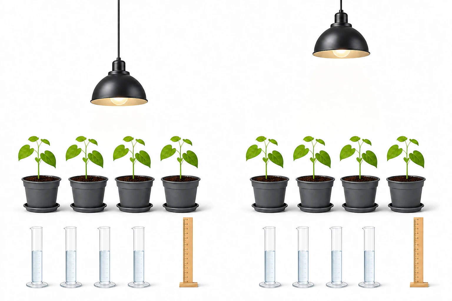 Dos grupos simétricos de cuatro plantas de judía de igual tamaño con macetas, agua medida y reglas iguales; las lámparas idénticas están a distinta distancia.