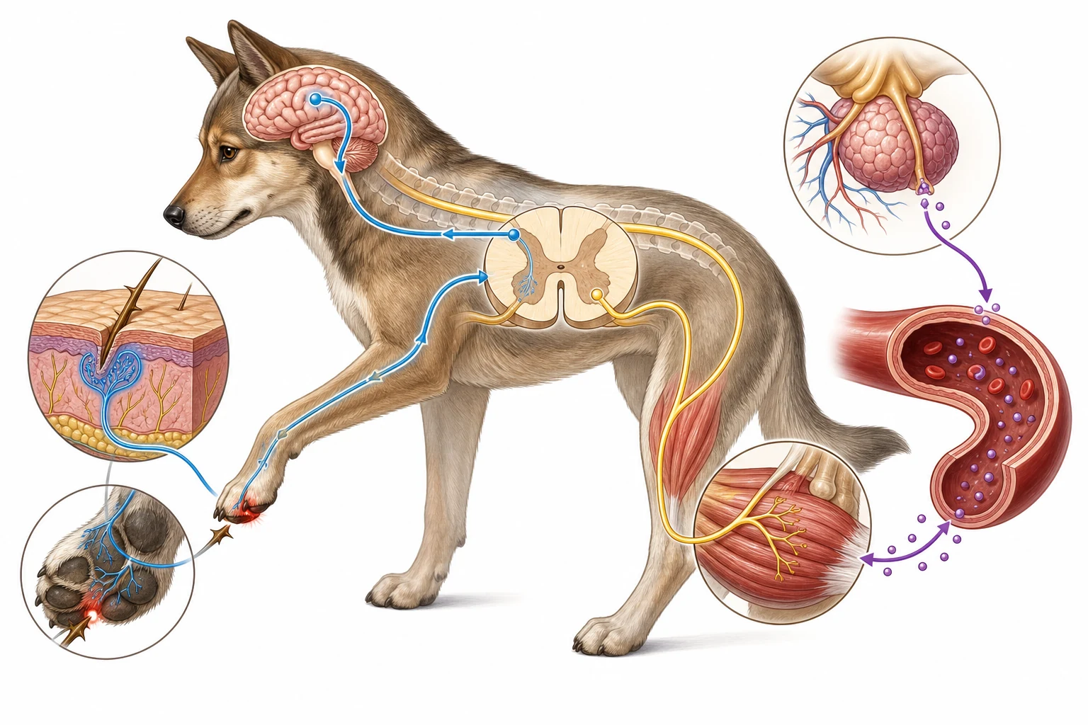 Mamífero con un receptor cutáneo en la pata, vía sensitiva hacia médula y encéfalo, vía motora a un músculo y un recuadro separado con una glándula que libera moléculas a un vaso.
