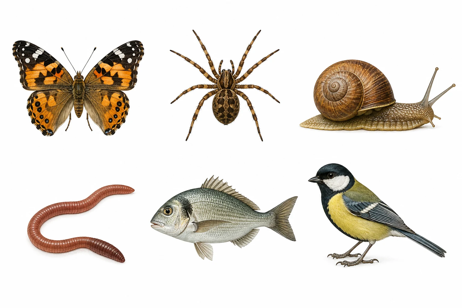 Seis animales en dos filas: mariposa, araña, caracol, lombriz, pez y ave, todos completos y separados sobre fondo claro.