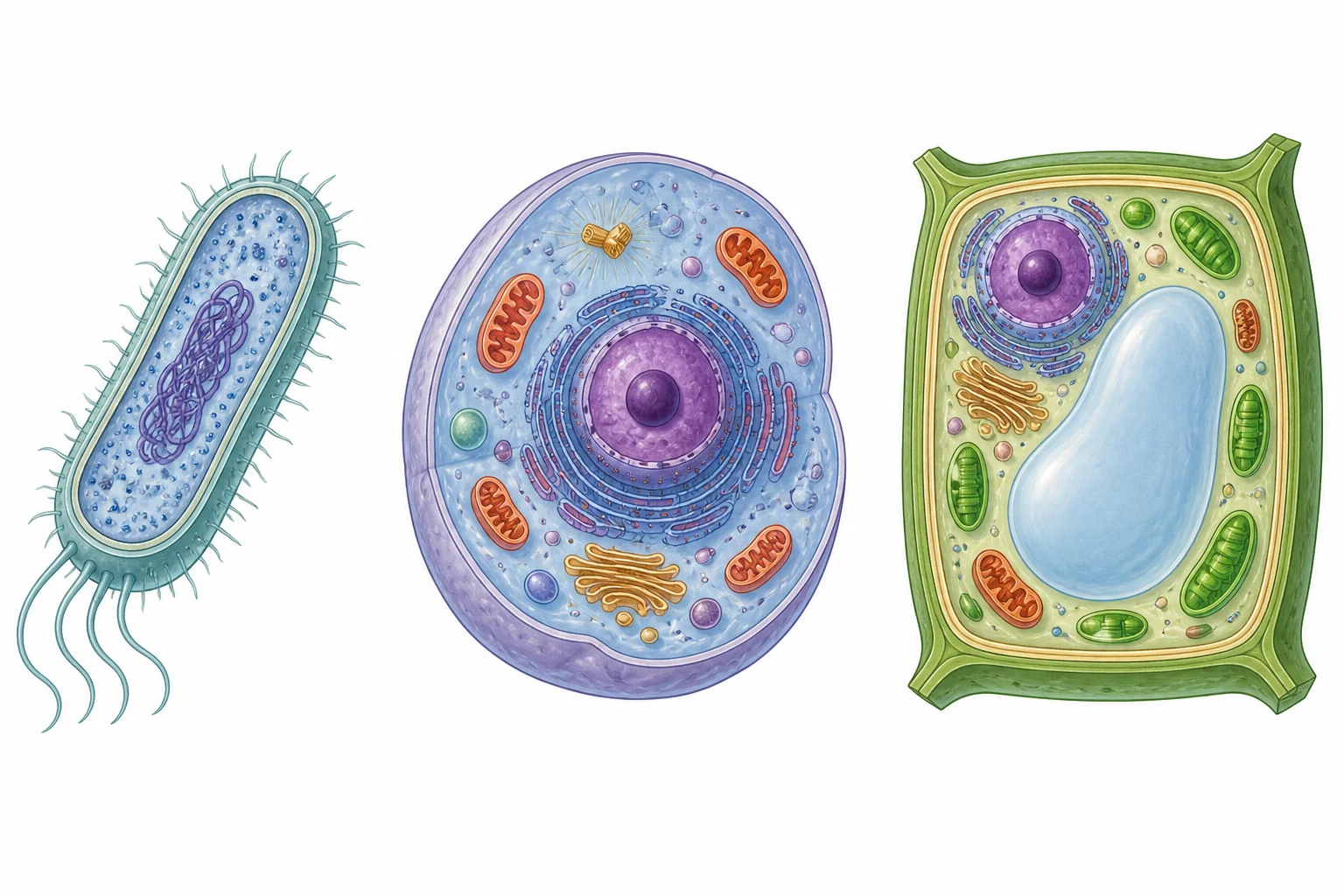 Tres modelos celulares ampliados: una bacteria sin núcleo, una célula animal con núcleo y una célula vegetal con pared, gran vacuola y cloroplastos; animal y vegetal muestran mitocondrias.