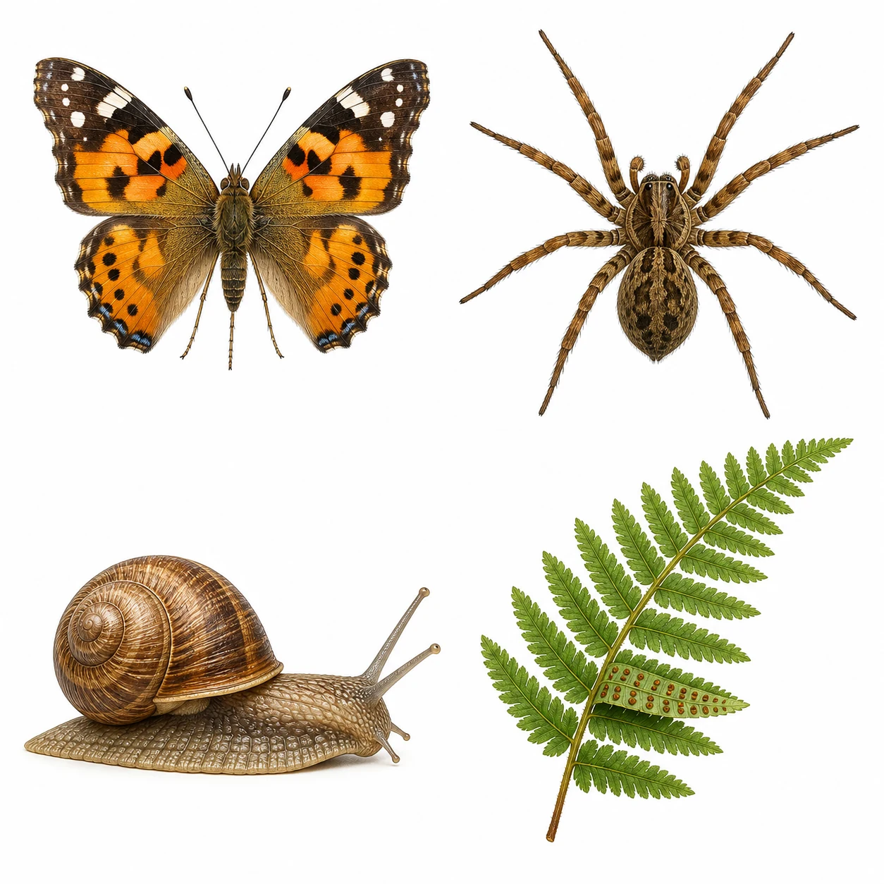 Cuadrícula con una mariposa, una araña, un caracol y un fronde de helecho con soros visibles.