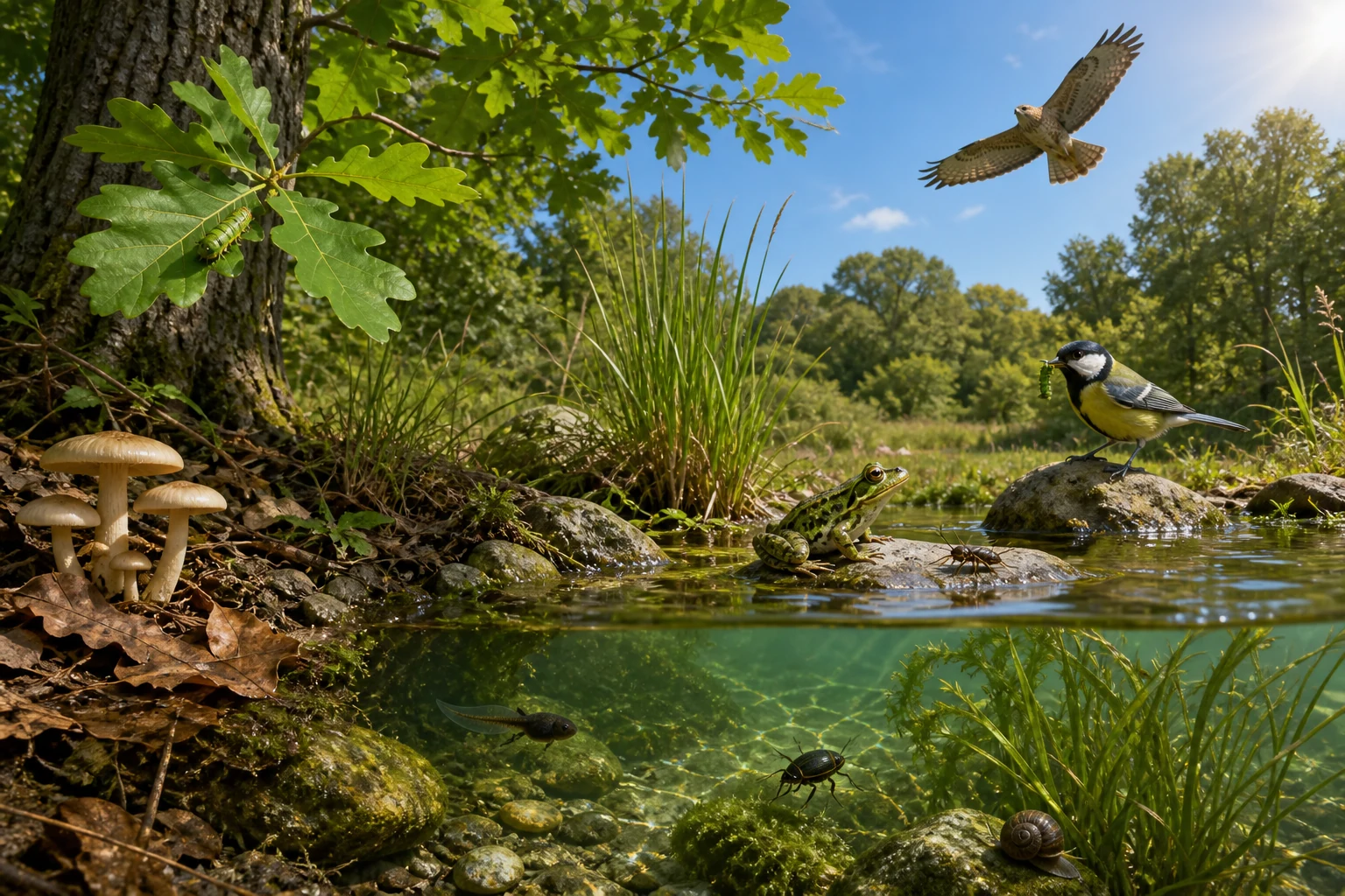 Escena natural de una charca con roble y oruga, plantas acuáticas, ave con una oruga, rana, halcón, hongos sobre hojarasca, caracol, insectos, agua, suelo y luz.