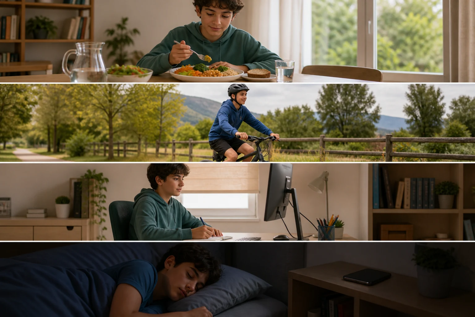 Cuatro escenas del mismo adolescente: comida variada con agua, paseo en bicicleta con casco, estudio con pantalla a la altura de los ojos y espalda apoyada, y dormitorio oscuro con el móvil apartado y apagado.