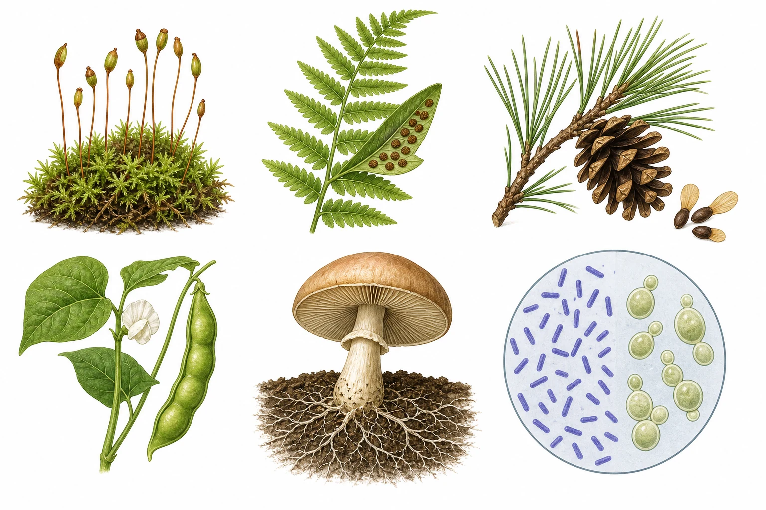 Seis tarjetas con musgo y cápsulas, helecho con soros, rama de pino con cono y semillas, planta de judía con flor y fruto, seta con láminas y micelio, y campo microscópico con bacilos y levaduras en gemación.