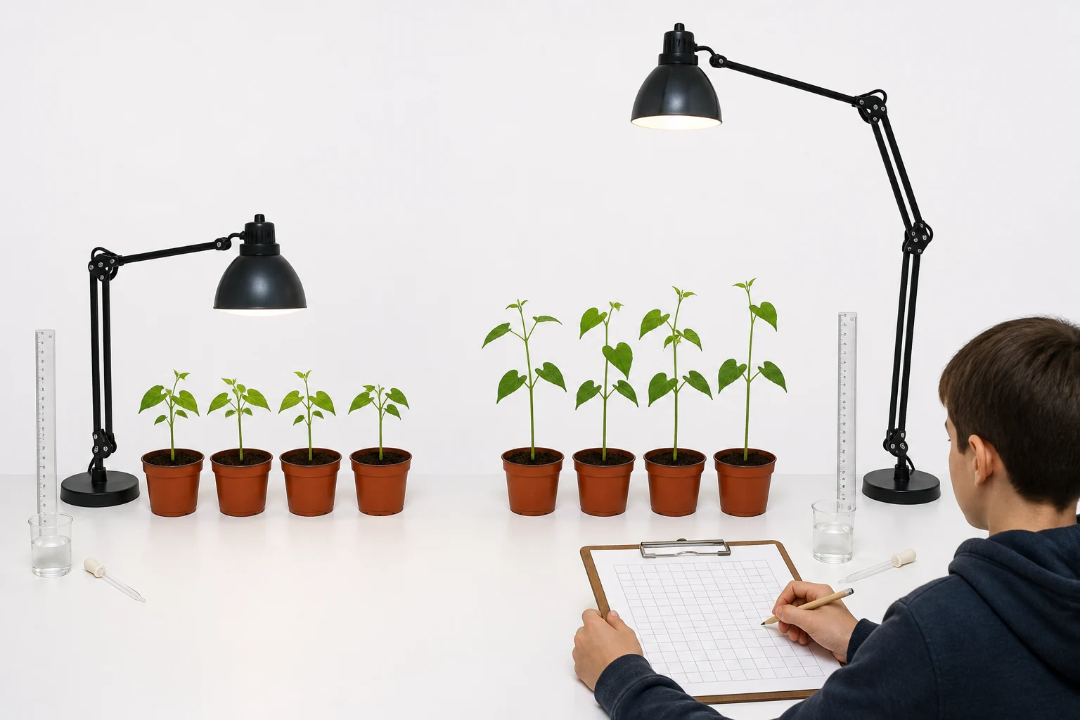 Dos grupos de cuatro plantas de judía en macetas iguales; una lámpara está cerca de un grupo y otra más lejos, con reglas, agua medida y una tabla de registro.
