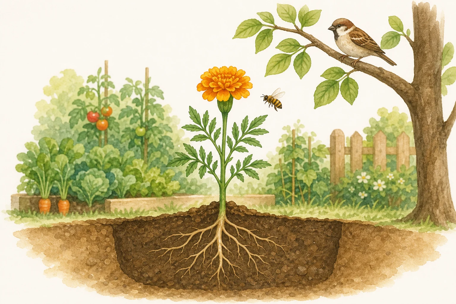 Jardín escolar con una planta de raíz visible en un pequeño corte del suelo, un gorrión en una rama y una abeja cerca de una flor.