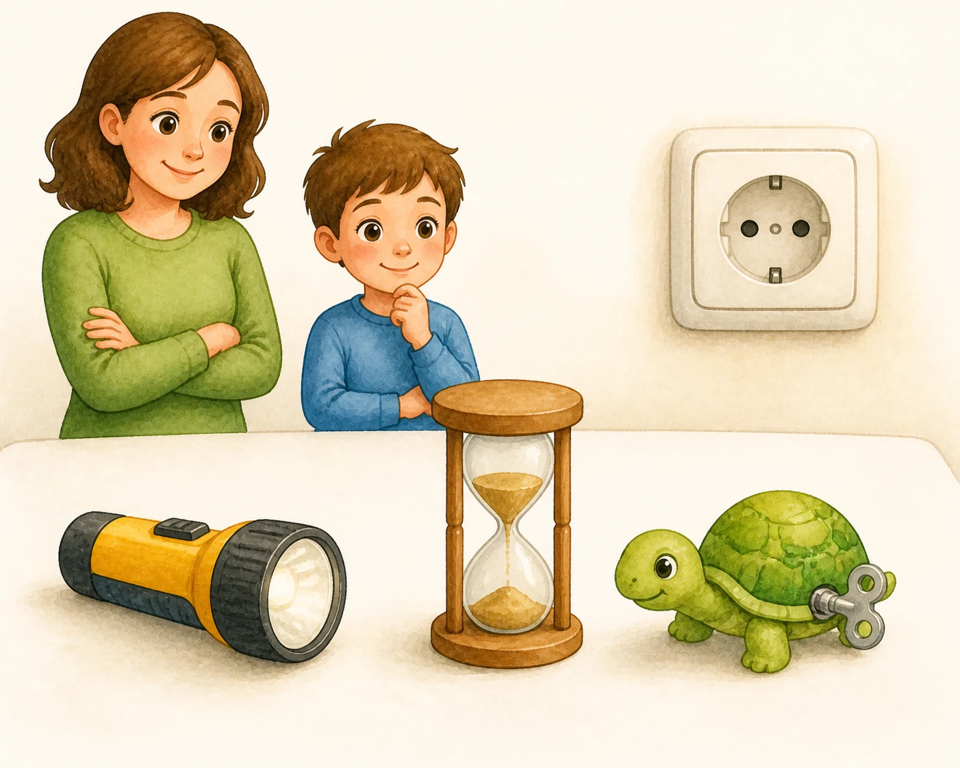 Mesa con una linterna de pilas, un reloj de arena y un juguete de cuerda; al fondo, una persona adulta y un niño observan a distancia segura un enchufe europeo sin nada conectado.