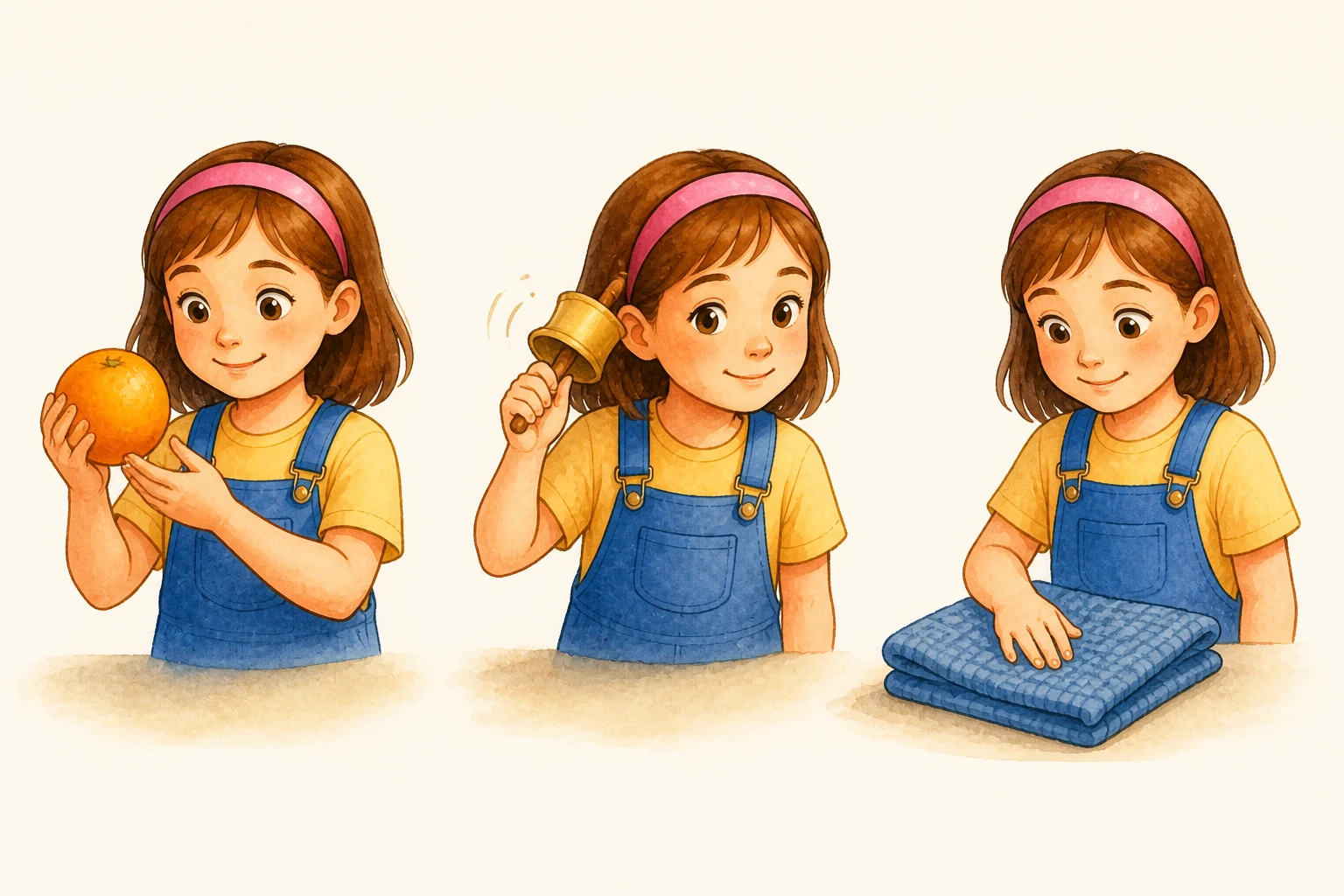 Niña ante una naranja, una campana y una tela, observando, escuchando y tocando de forma segura.