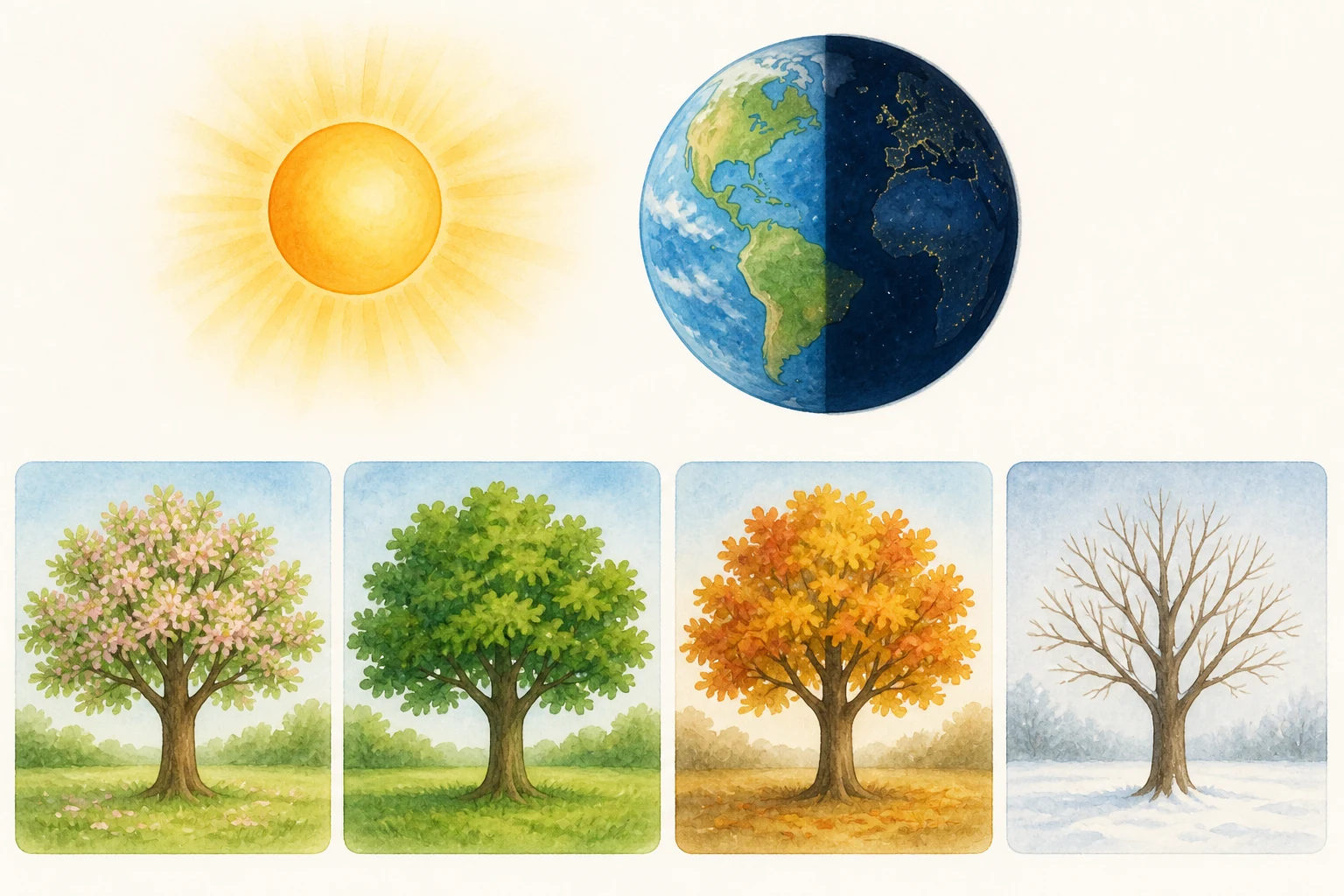 Modelo con el Sol iluminando media Tierra y, debajo, cuatro escenas del mismo árbol en primavera, verano, otoño e invierno.