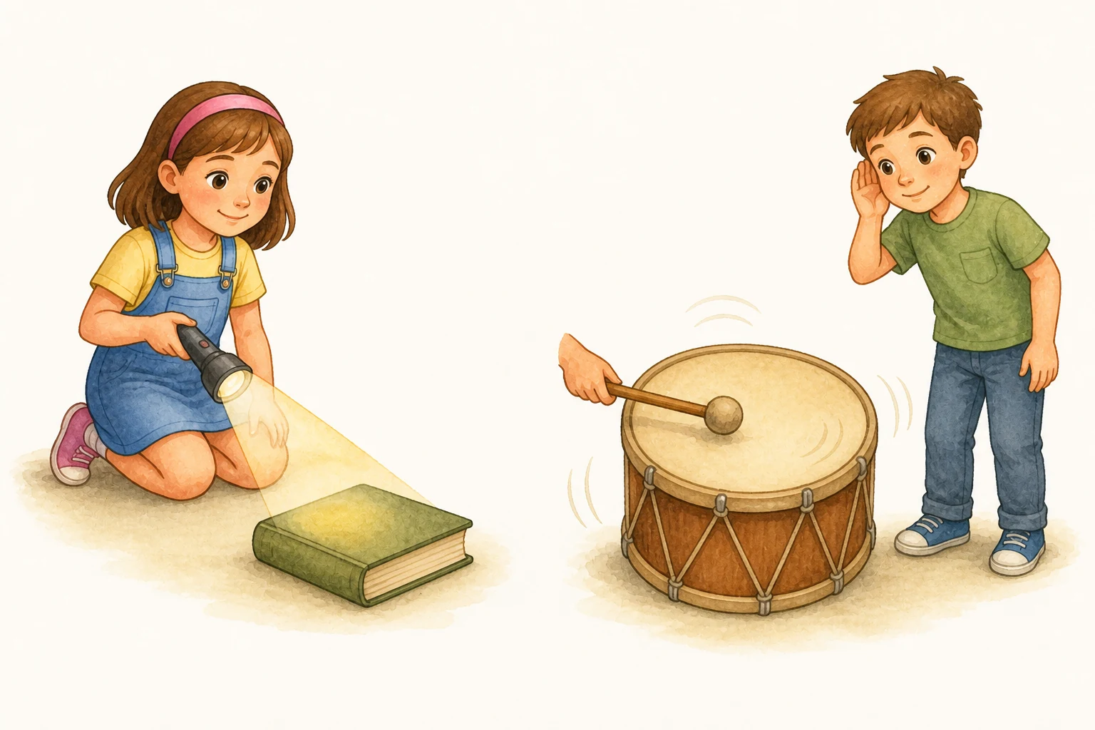 Dos escenas: una linterna ilumina un libro y una baqueta hace vibrar suavemente la membrana de un tambor mientras un niño escucha a distancia segura.