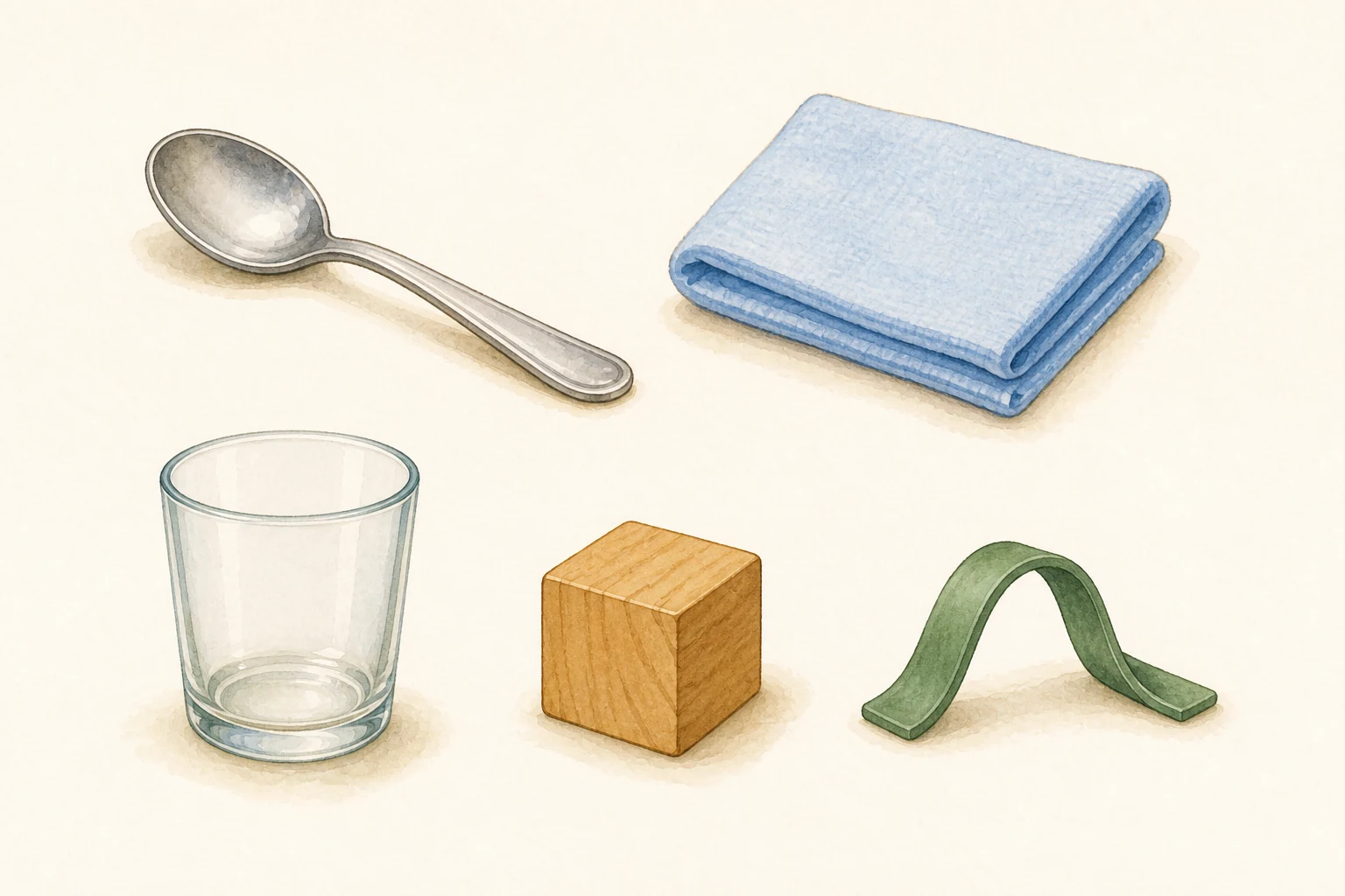 Mesa con una cuchara metálica, un paño de tela, un vaso de vidrio, un bloque de madera y una pieza de goma flexible.