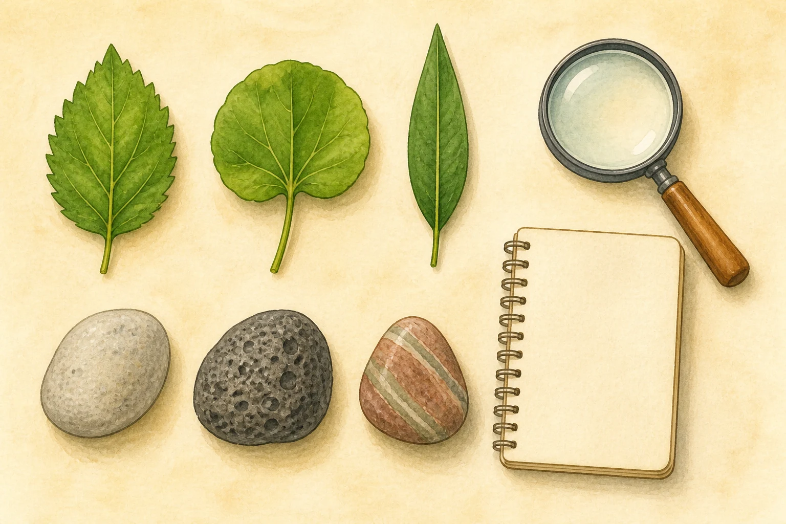 Mesa de exploración con tres hojas de bordes diferentes, tres piedras de formas distintas, una lupa y un cuaderno de observación.