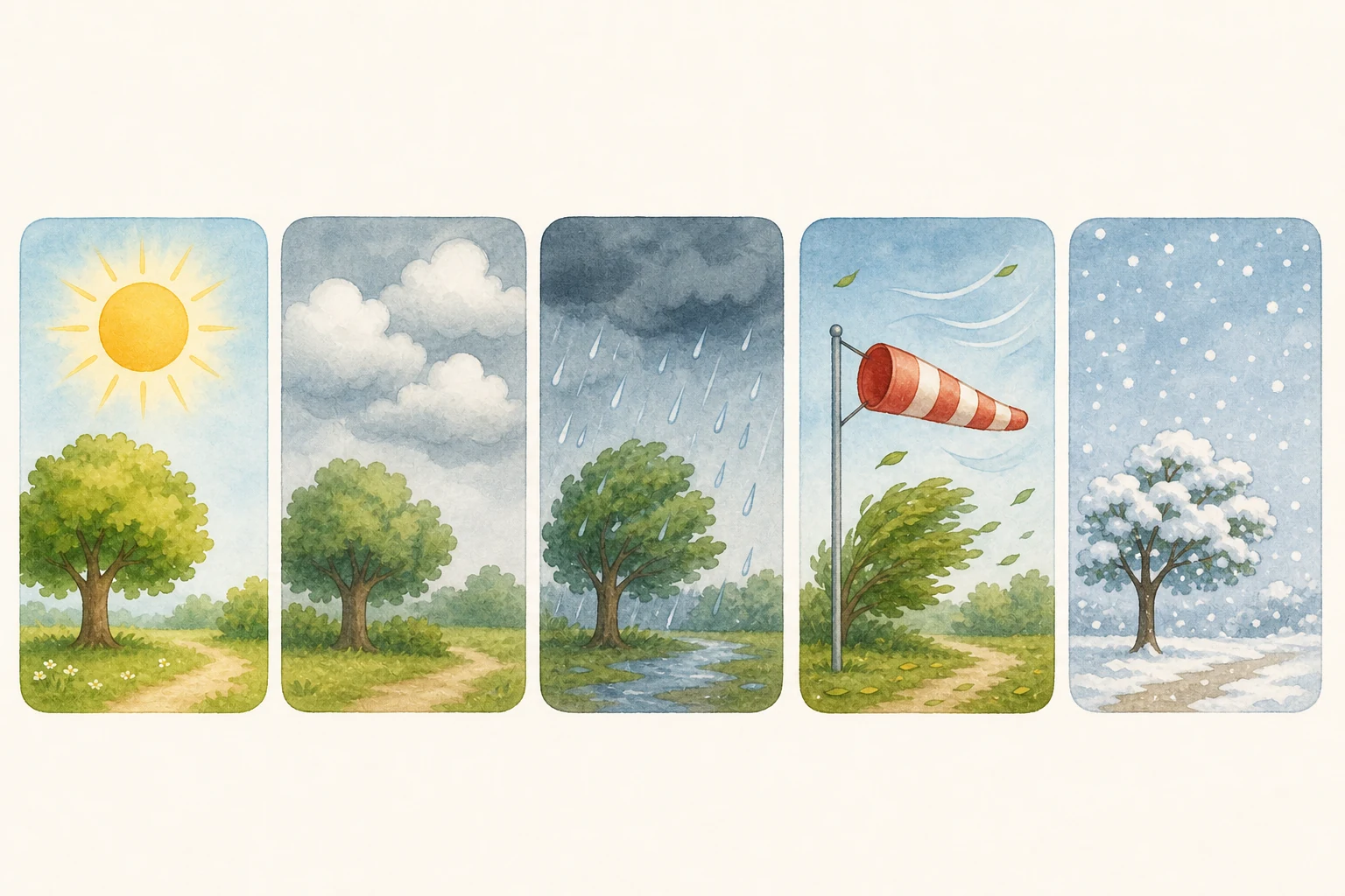 Registro visual de cinco días con escenas claras de sol, nubes, lluvia, viento y nieve, sin palabras dentro de la imagen.