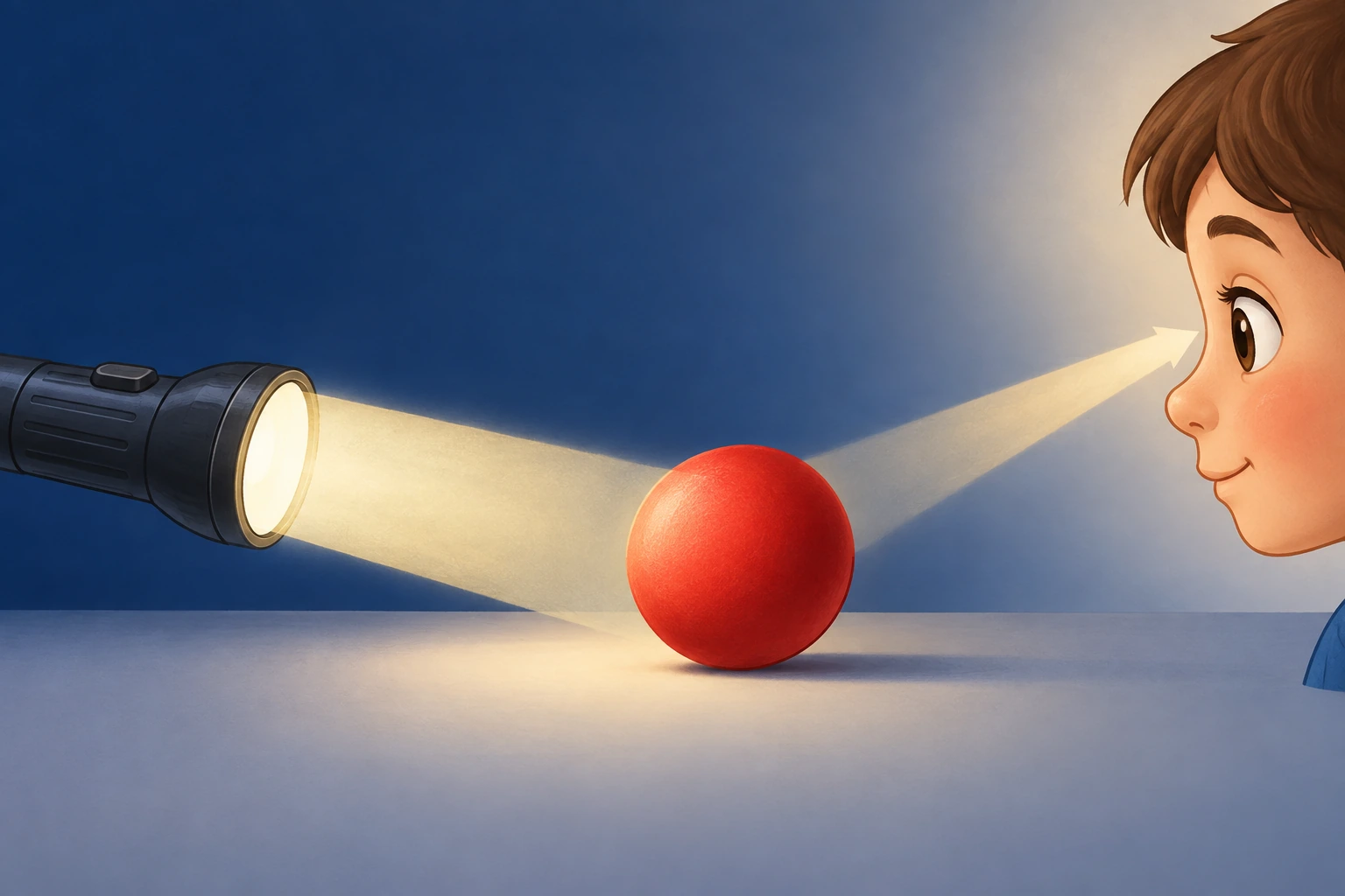 Una linterna emite luz hacia una pelota roja y la luz reflejada por la pelota llega al ojo de un niño.