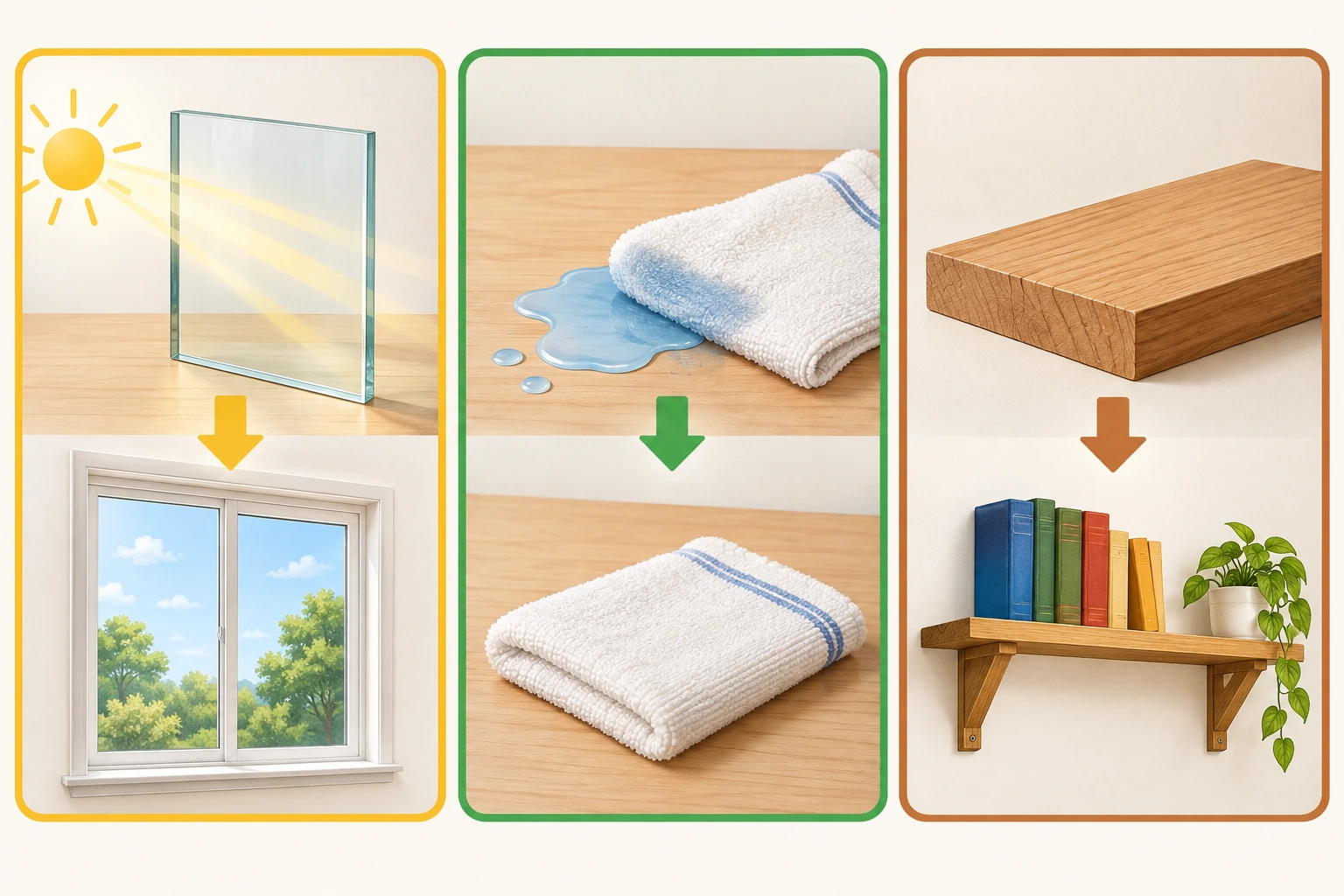 Tres relaciones: vidrio transparente y ventana, paño absorbente y agua, madera rígida y estante.
