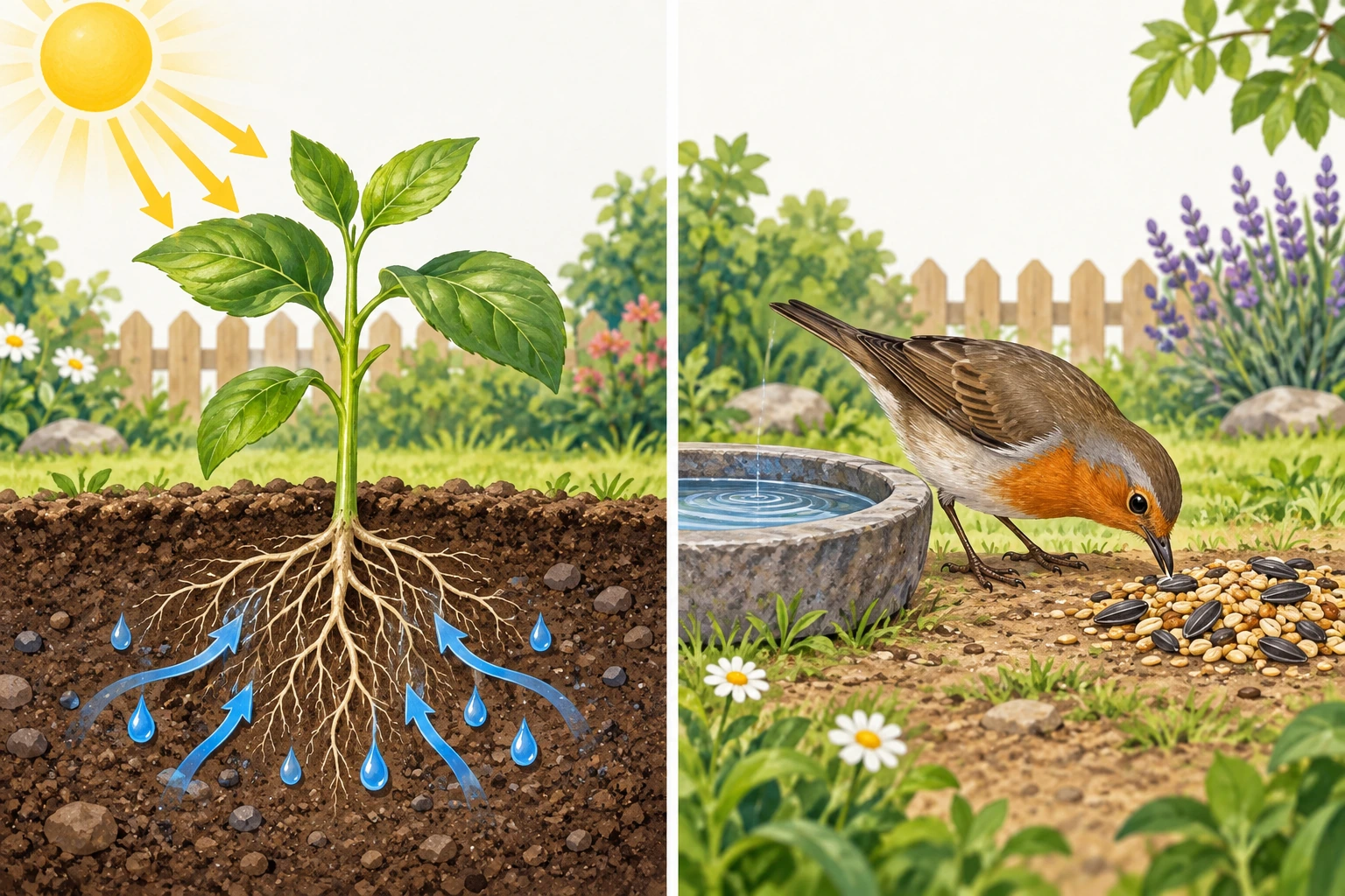 Comparación entre una planta que recibe luz y toma agua por las raíces y un ave que bebe y come semillas.