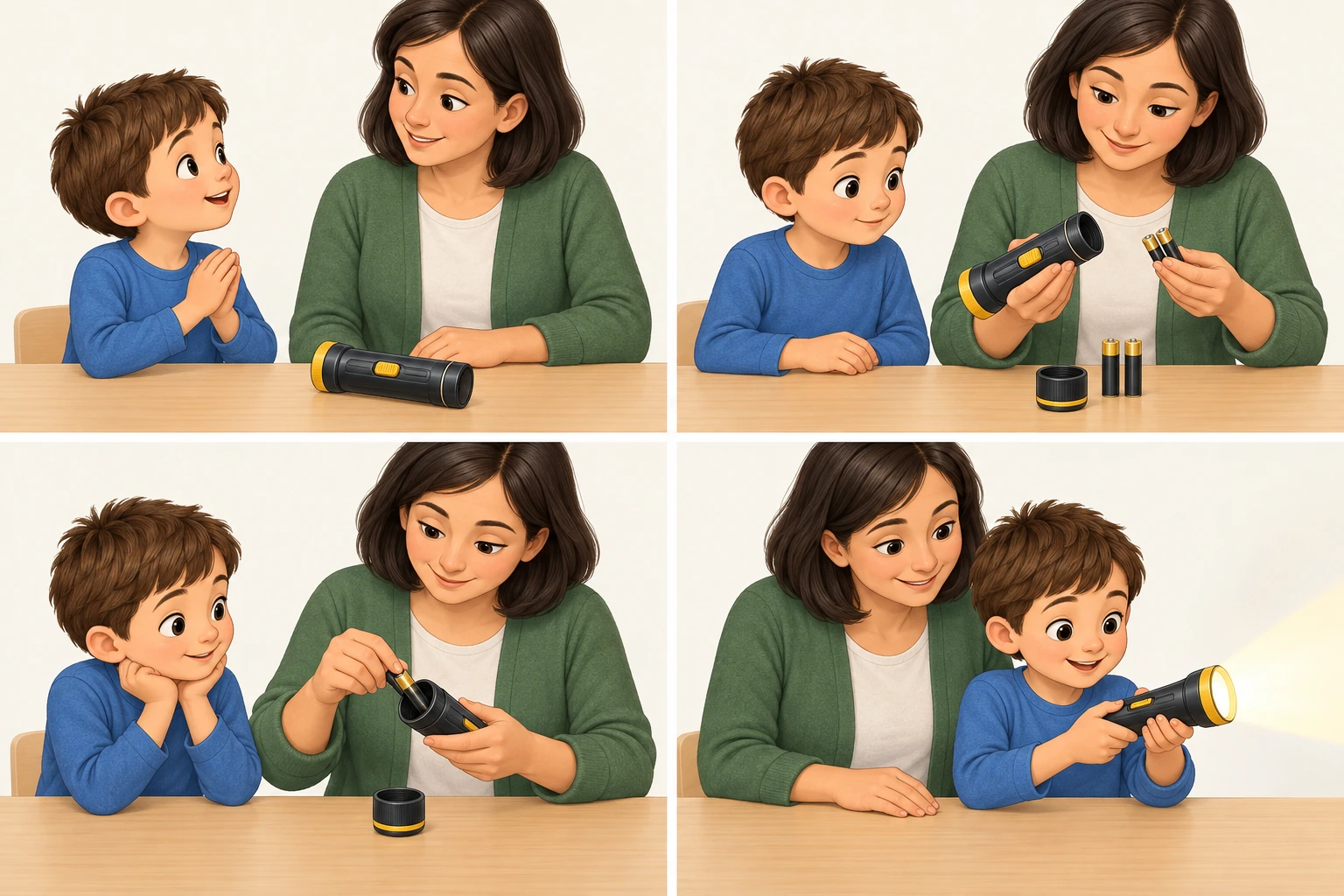 Cuatro escenas: un niño pide permiso, una adulta revisa la linterna, coloca las pilas y acompaña al niño mientras la enciende.