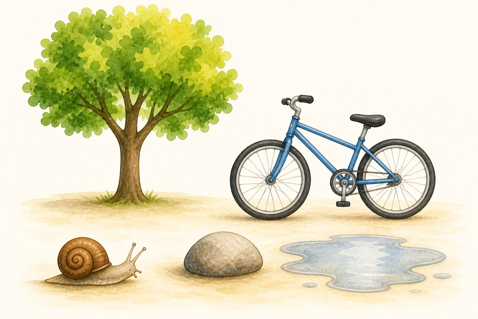 Rincón de patio con un árbol joven, un caracol, una piedra, una bicicleta y un charco.