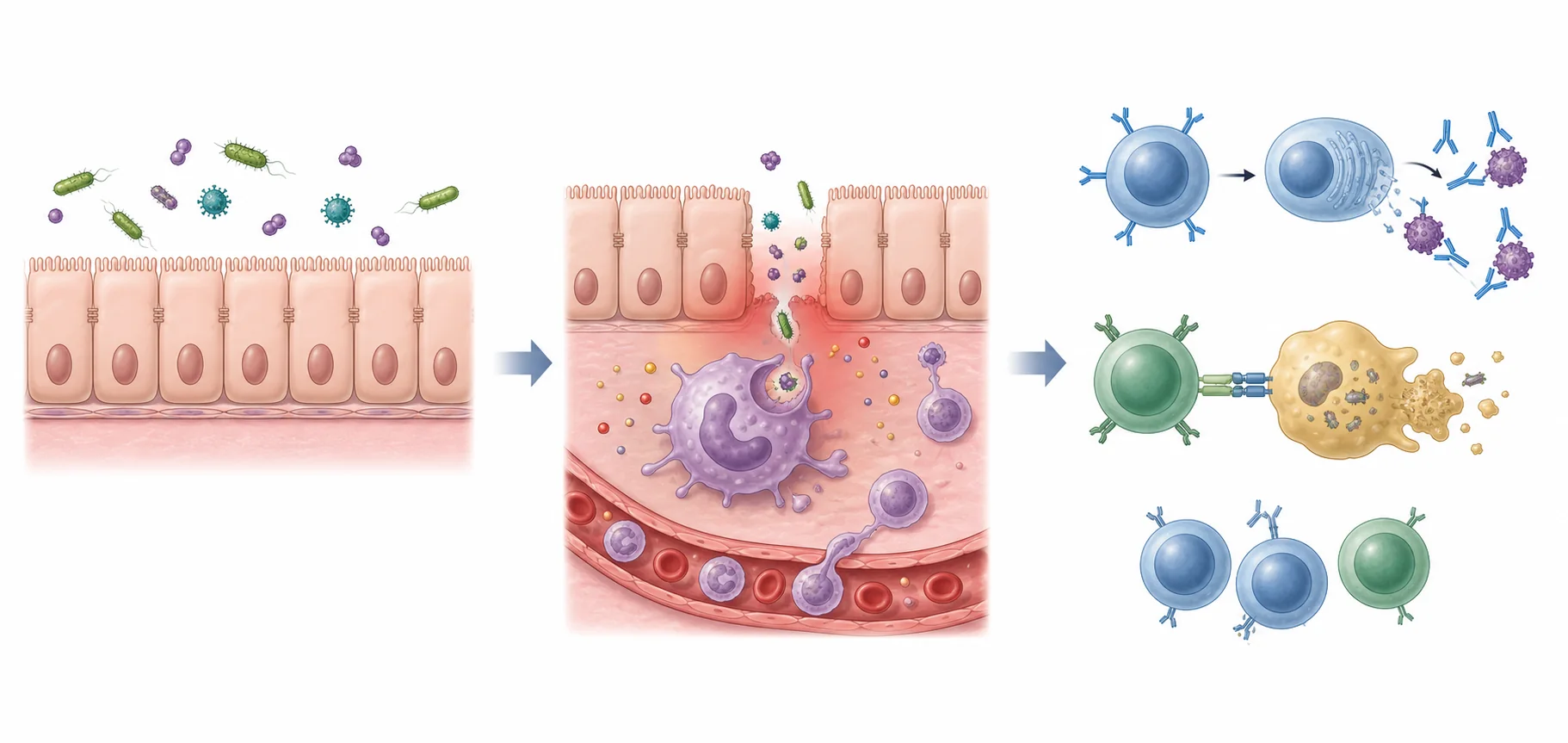 Tres zonas conectadas muestran una barrera epitelial frente a microorganismos, una lesión con inflamación y fagocitosis, y respuestas adaptativas con anticuerpos, ataque a una célula infectada y células de memoria.