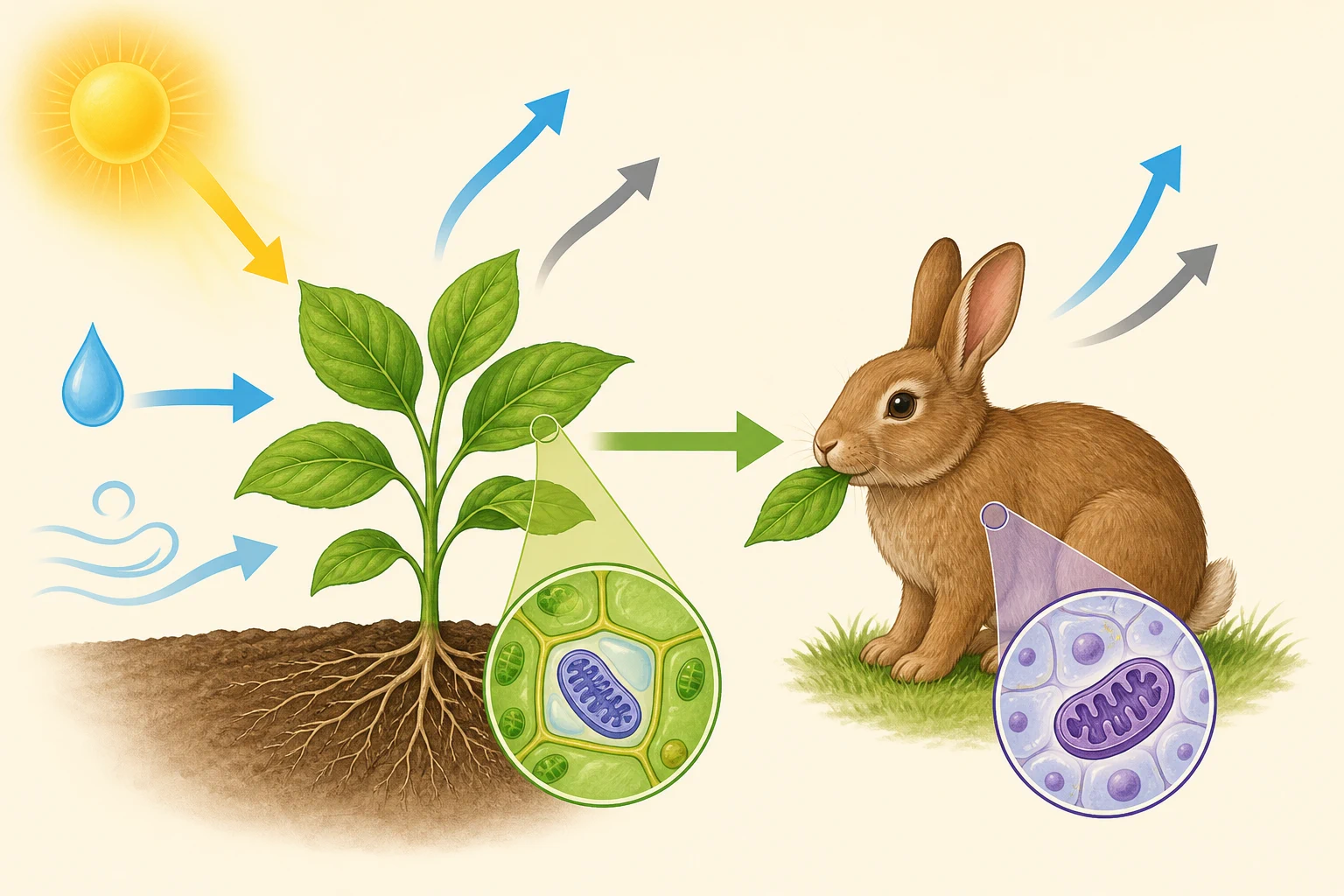 Planta con raíces recibe luz, agua y aire; un conejo come una hoja y dos ampliaciones celulares muestran mitocondrias en planta y animal.