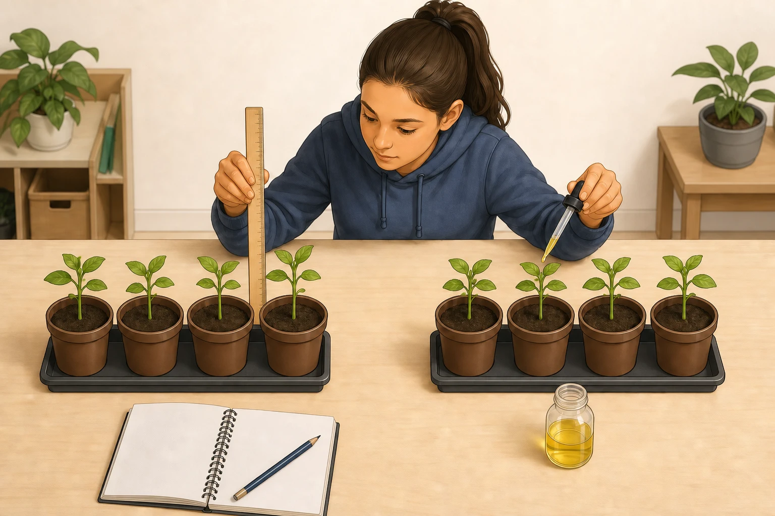 Estudiante compara dos grupos de cuatro plantas iguales; solo el grupo derecho recibe fertilizante y se miden las alturas con una regla sin cifras.