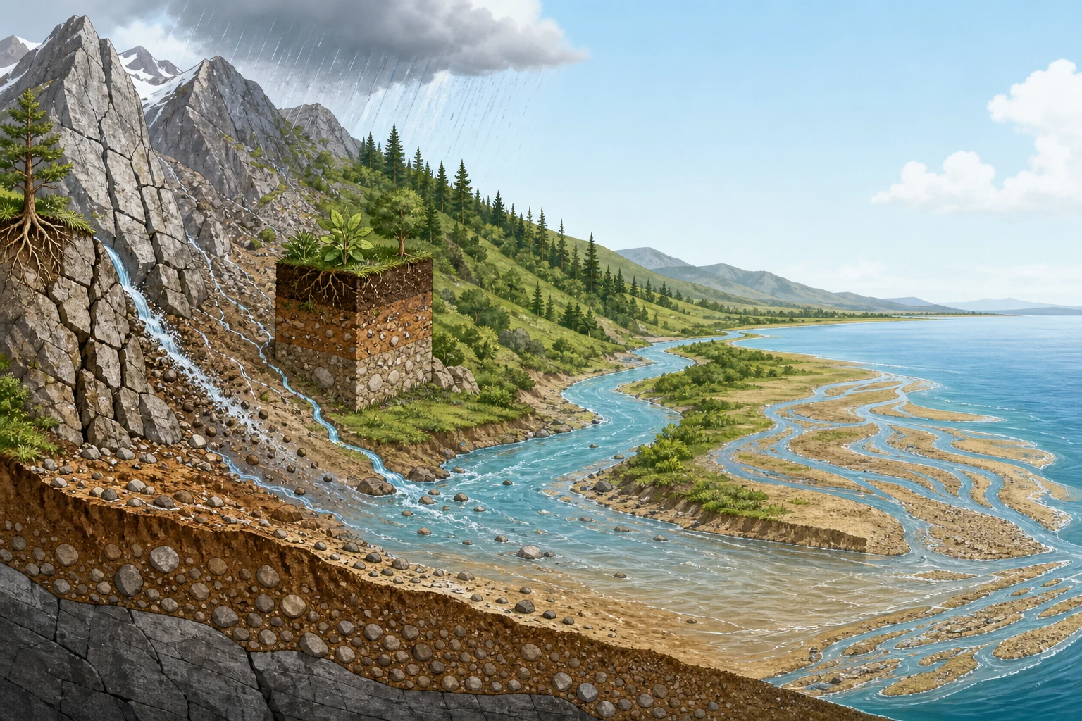 Paisaje continuo desde una montaña con roca agrietada y escorrentía hasta un río y un delta, con un perfil visible de suelo vegetal y mineral.