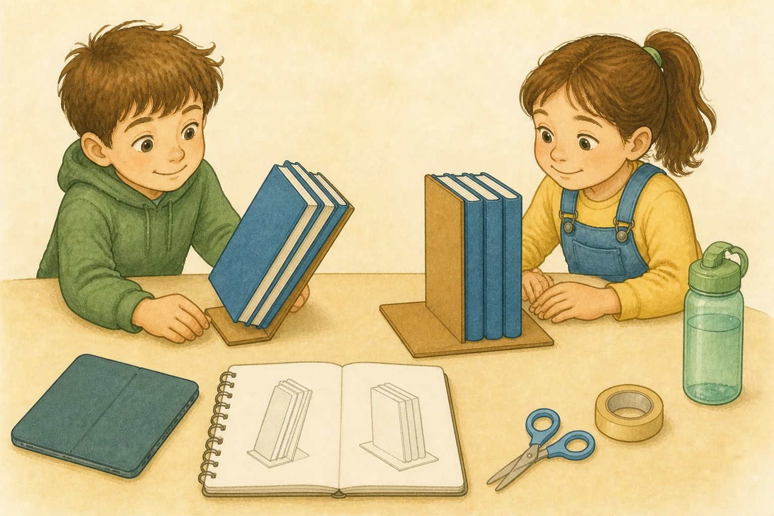 Equipo escolar compara dos soportes de cartón para tres libros: uno alto con base estrecha se inclina y otro con base ancha permanece estable; hay bocetos y una tableta cerrada a un lado.