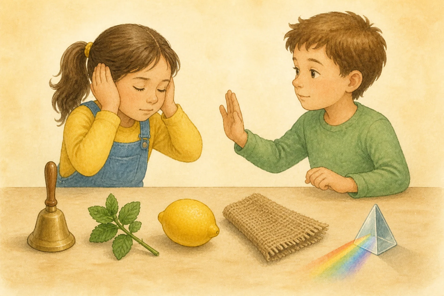 Dos niños exploran una mesa con campanilla, limón, menta, tela rugosa y prisma de colores; una niña se tapa los oídos y su compañero le ofrece apoyo.