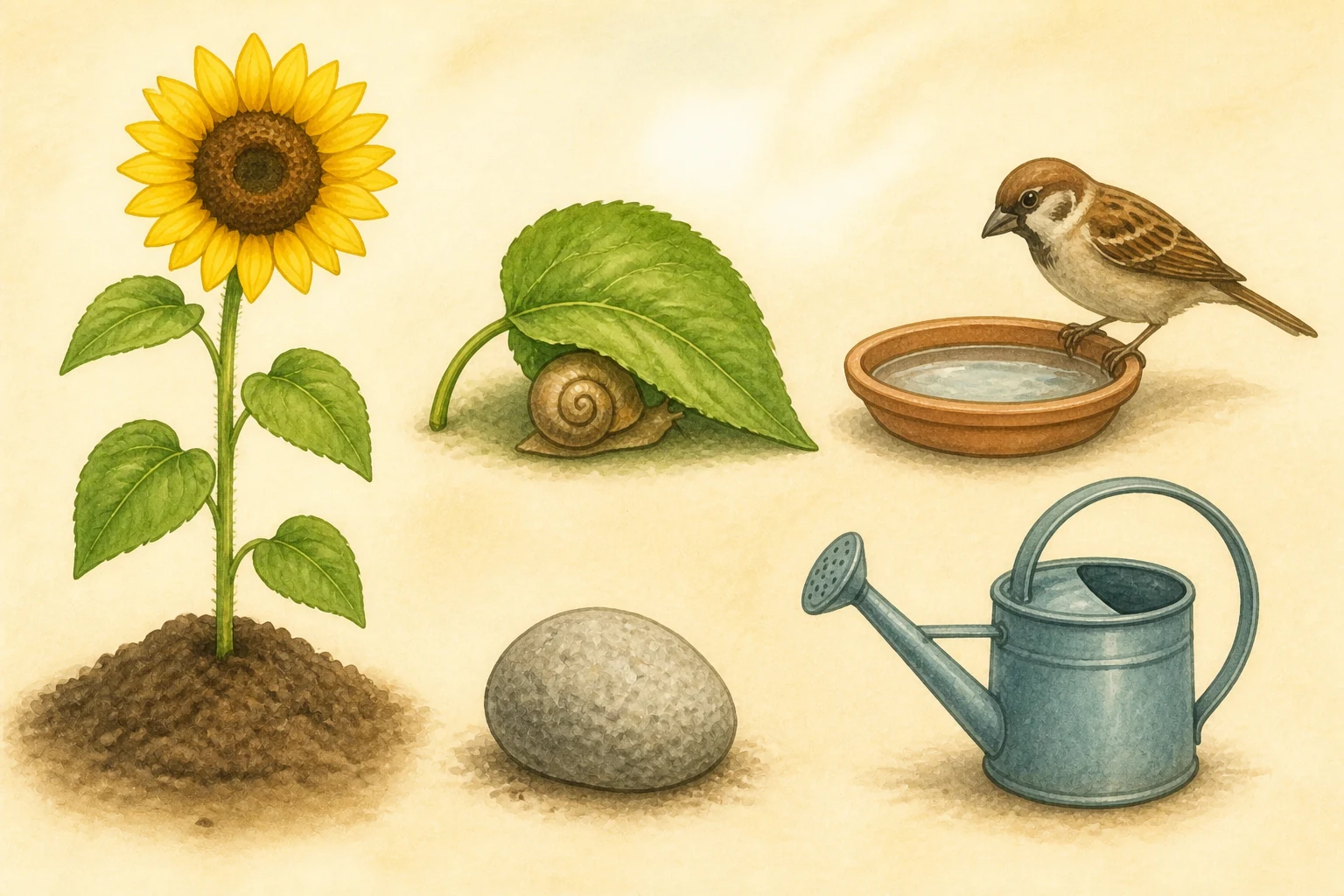 Jardín escolar con girasol en tierra húmeda, caracol bajo una hoja, gorrión cerca de un pequeño bebedero, roca y regadera claramente visibles.