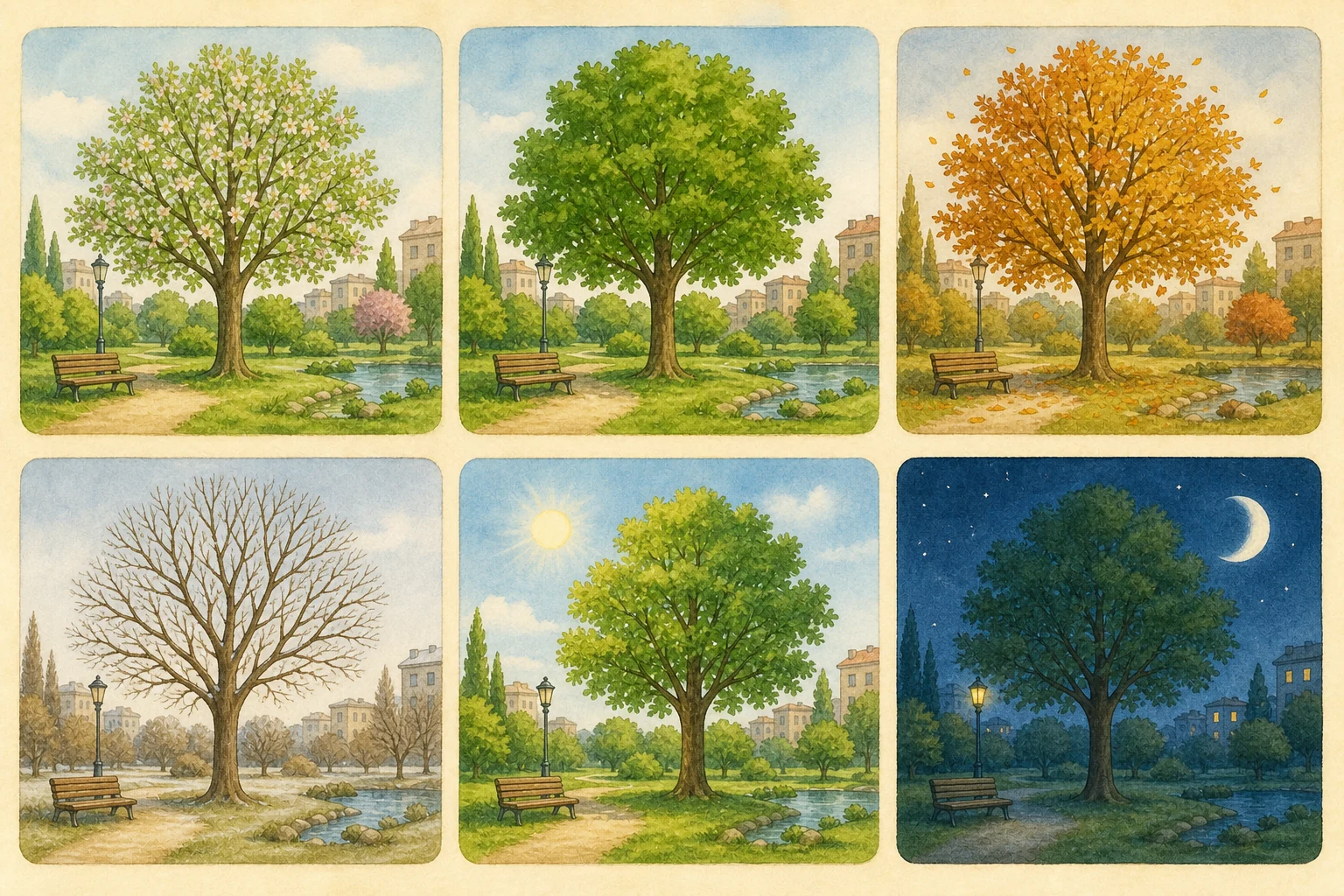 Cuatro vistas del mismo parque y árbol en primavera, verano, otoño e invierno, junto a dos pequeñas vistas del parque de día con Sol y de noche con Luna iluminada.