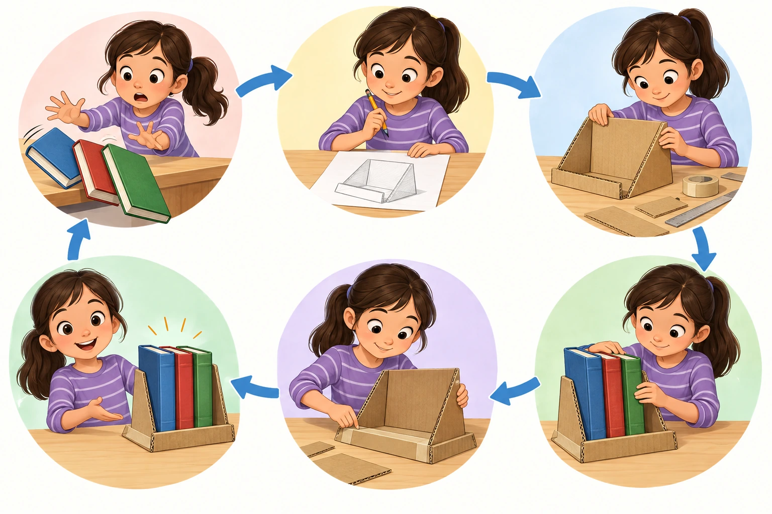 Seis escenas con flechas: los libros caen, una niña dibuja una idea, construye un soporte, lo prueba con tres libros, ensancha la base y presenta el soporte estable.