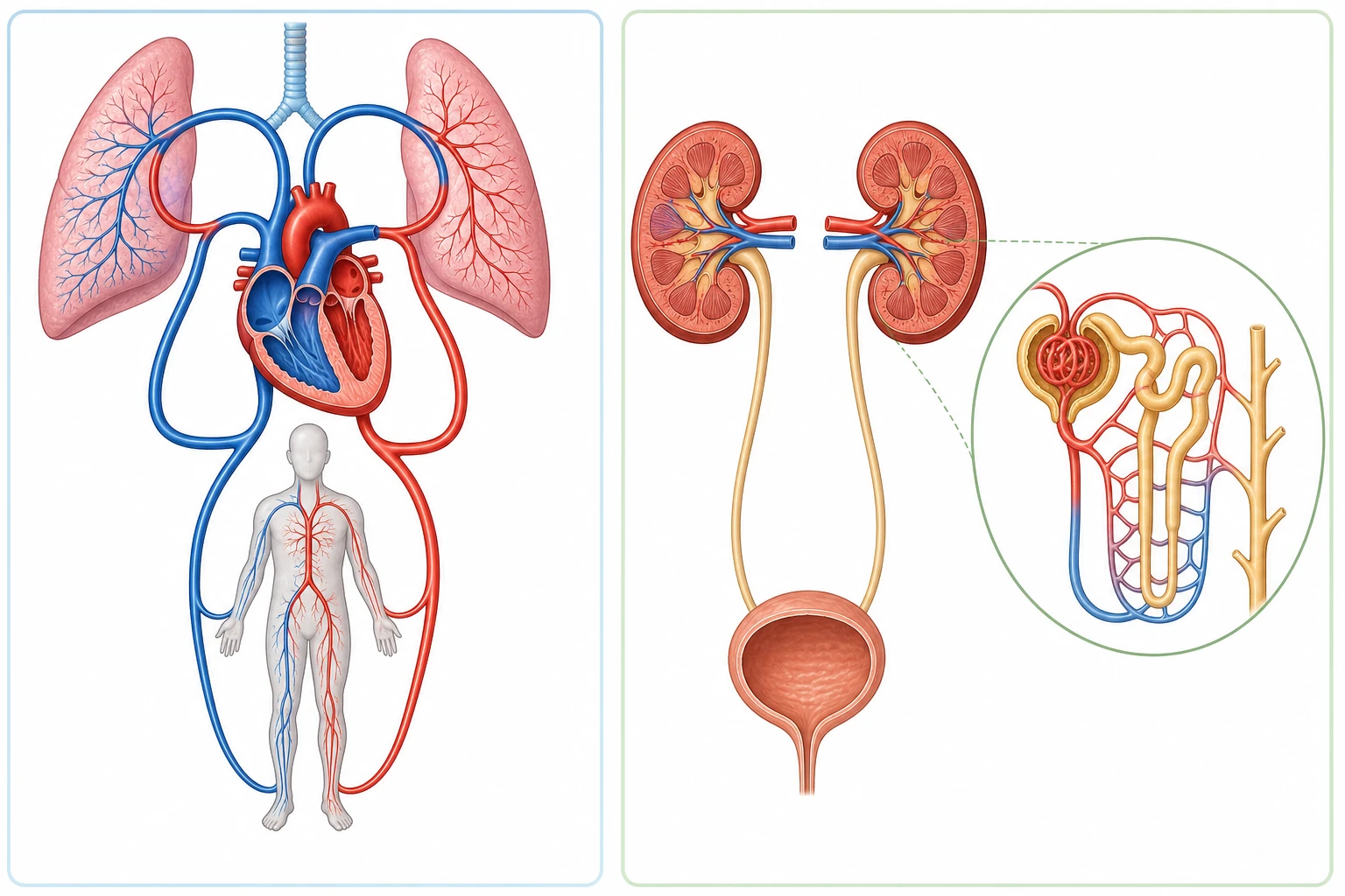 Un panel conecta corazón, pulmones y cuerpo mediante dos circuitos coloreados sin flechas; otro muestra dos riñones, dos uréteres, vejiga, uretra y una nefrona ampliada con túbulo y capilares.