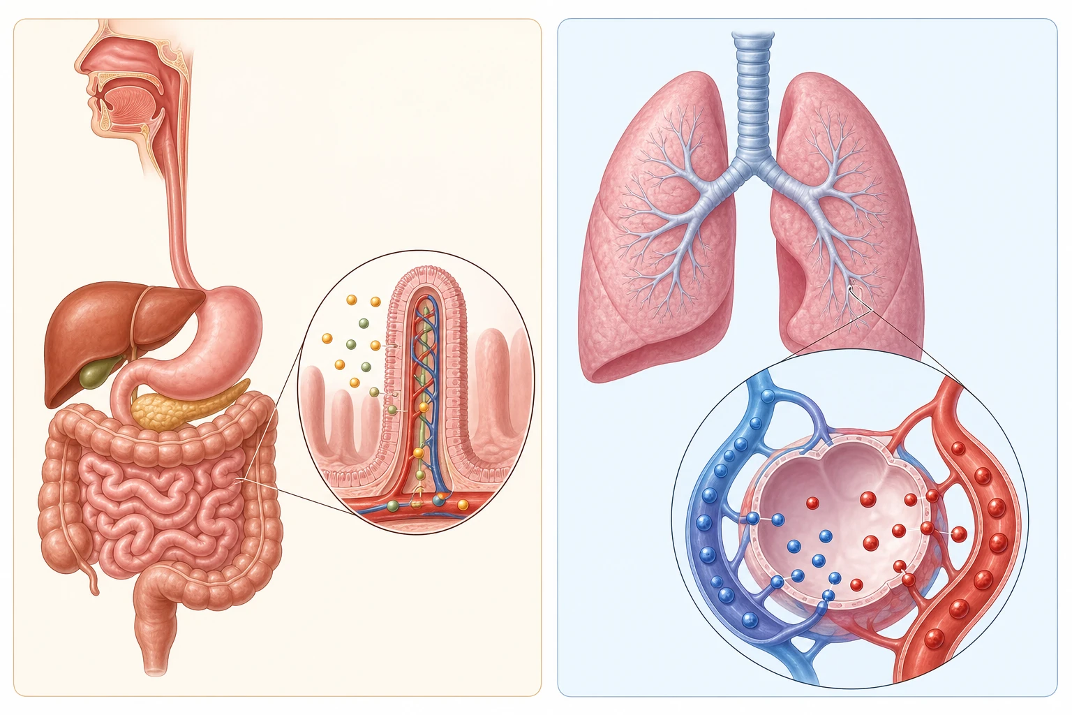 Dos paneles muestran el tubo digestivo con una vellosidad intestinal ampliada y los pulmones con un alvéolo rodeado por capilares; pequeñas partículas atraviesan ambas superficies.