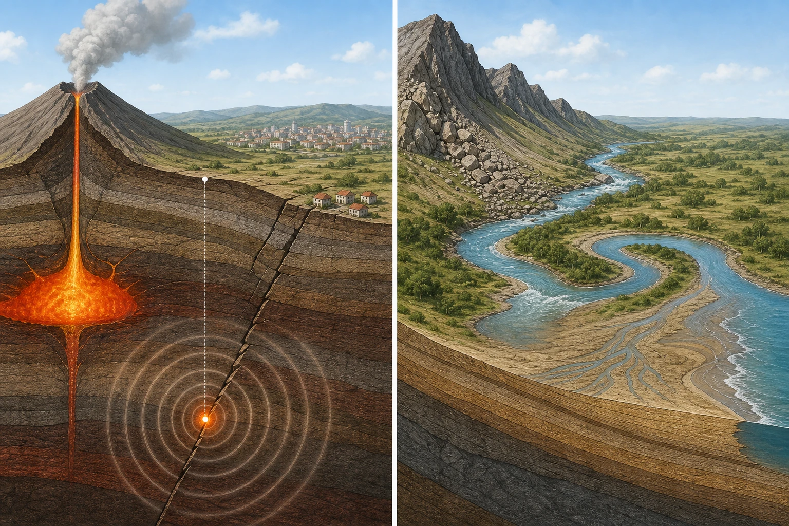 Un corte muestra volcán, cámara magmática y una falla con foco sísmico en profundidad y punto superficial encima; hay edificios cerca y lejos. Otro panel sigue una ladera rota, un río con meandros y sedimentos depositados al llegar a la costa.