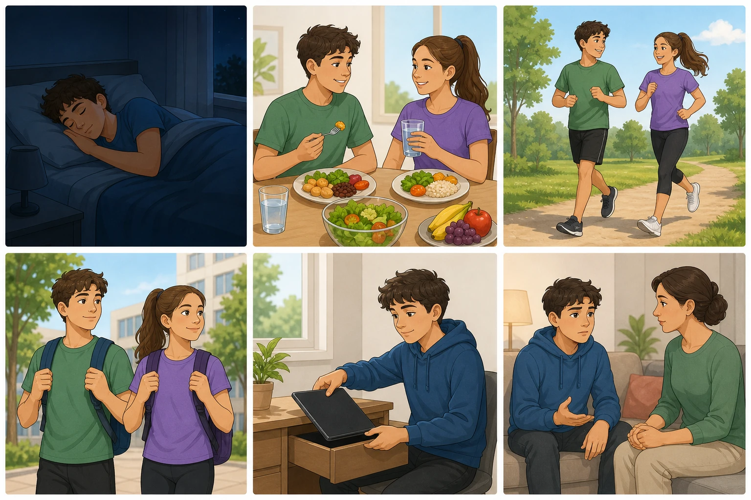 Seis paneles muestran a adolescentes durmiendo, comiendo con agua, haciendo actividad moderada, llevando mochila con ambos tirantes, guardando una pantalla y hablando con una persona adulta de confianza.