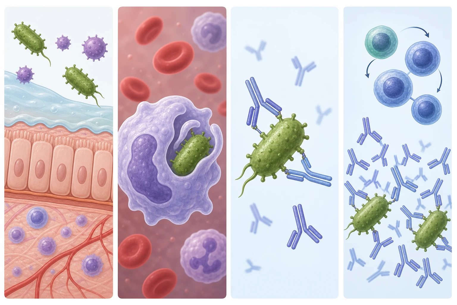 Cuatro paneles muestran piel y moco bloqueando microbios, un fagocito engullendo una bacteria, anticuerpos unidos a bacterias y una respuesta posterior con células de memoria y más anticuerpos.