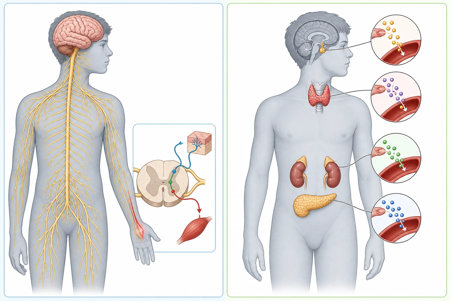 Dos siluetas comparan cerebro, médula y nervios con hipófisis, tiroides, suprarrenales y páncreas; un recuadro muestra una vía sensitiva que entra en la médula y otra motora que sale, y las hormonas entran en vasos sanguíneos.
