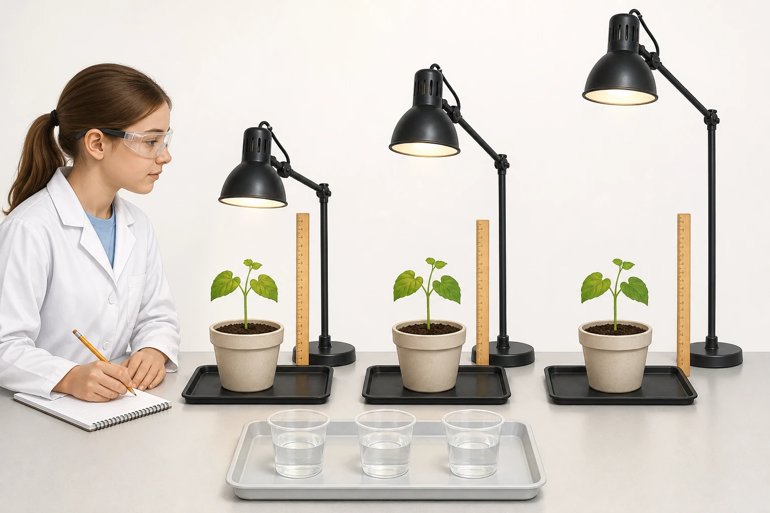 Tres plantas jóvenes iguales se preparan con lámparas del mismo tipo situadas a distancias distintas, reglas y tres porciones de agua; una estudiante registra el montaje.