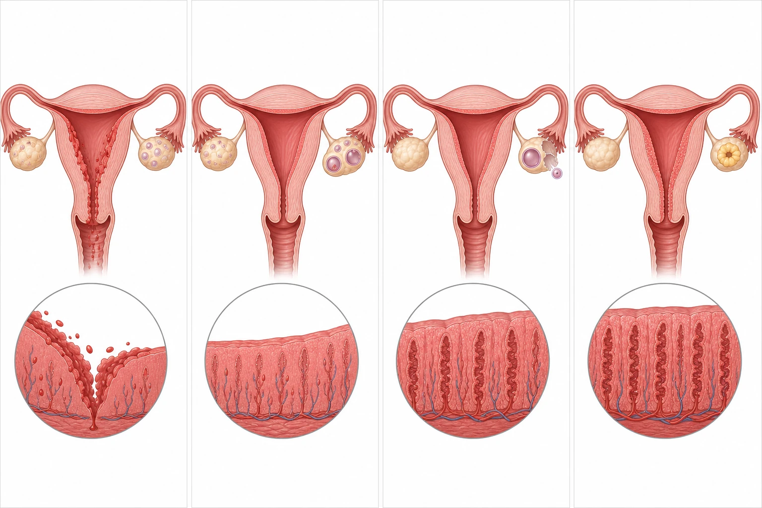 Cuatro paneles mantienen la misma anatomía uterina y ovárica mientras muestran menstruación, crecimiento folicular y endometrial, ovulación y una fase posterior con endometrio más grueso.