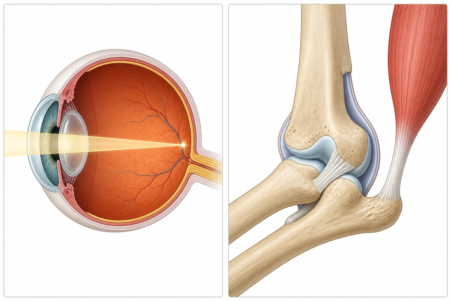 Dos paneles muestran un ojo en corte con luz enfocada sobre la retina y un codo con húmero, radio, cúbito, cartílago, cápsula, ligamento, músculo y tendón.