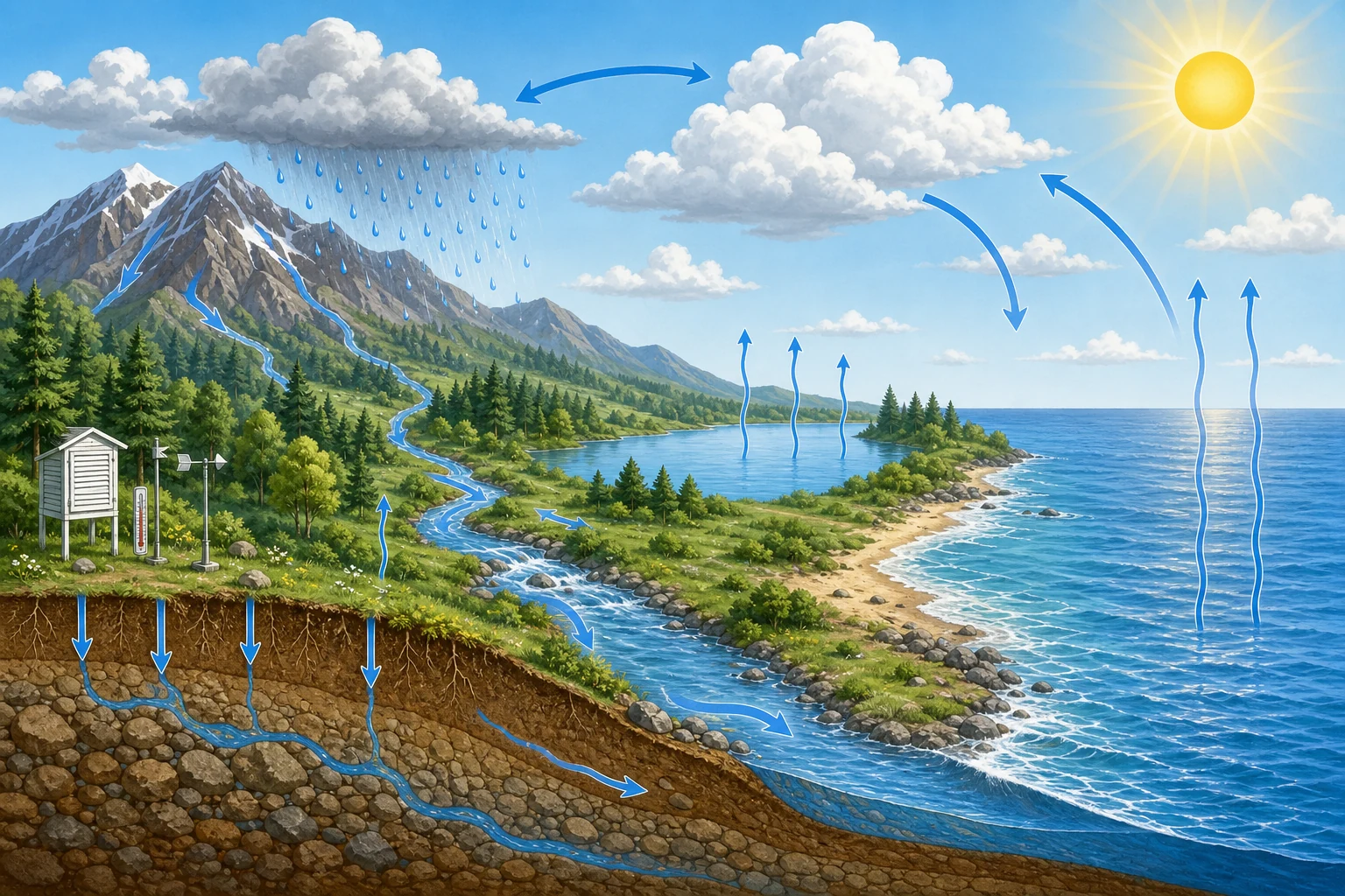 Paisaje de montaña, bosque, lago, río y mar con flechas ascendentes desde el agua, nubes, lluvia, escorrentía hacia el río e infiltración en un corte de suelo; aparece una pequeña estación meteorológica.