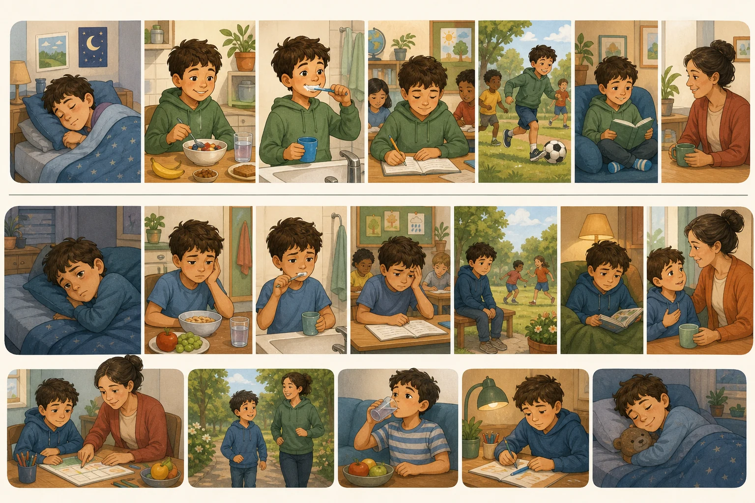 Serie de escenas del mismo niño durmiendo, tomando un desayuno variado con agua, cepillándose los dientes, trabajando en clase, jugando al aire libre, descansando y conversando con una adulta cuando está preocupado.