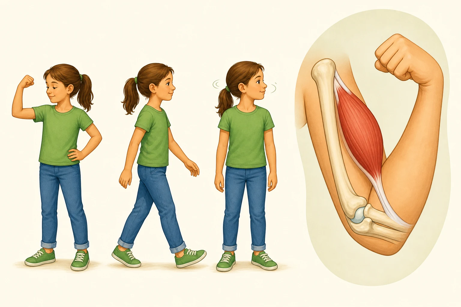 La misma niña dobla un brazo, camina y gira la cabeza; al lado aparece un modelo ampliado de un brazo flexionado con huesos, articulación del codo, músculo y tendones visibles.