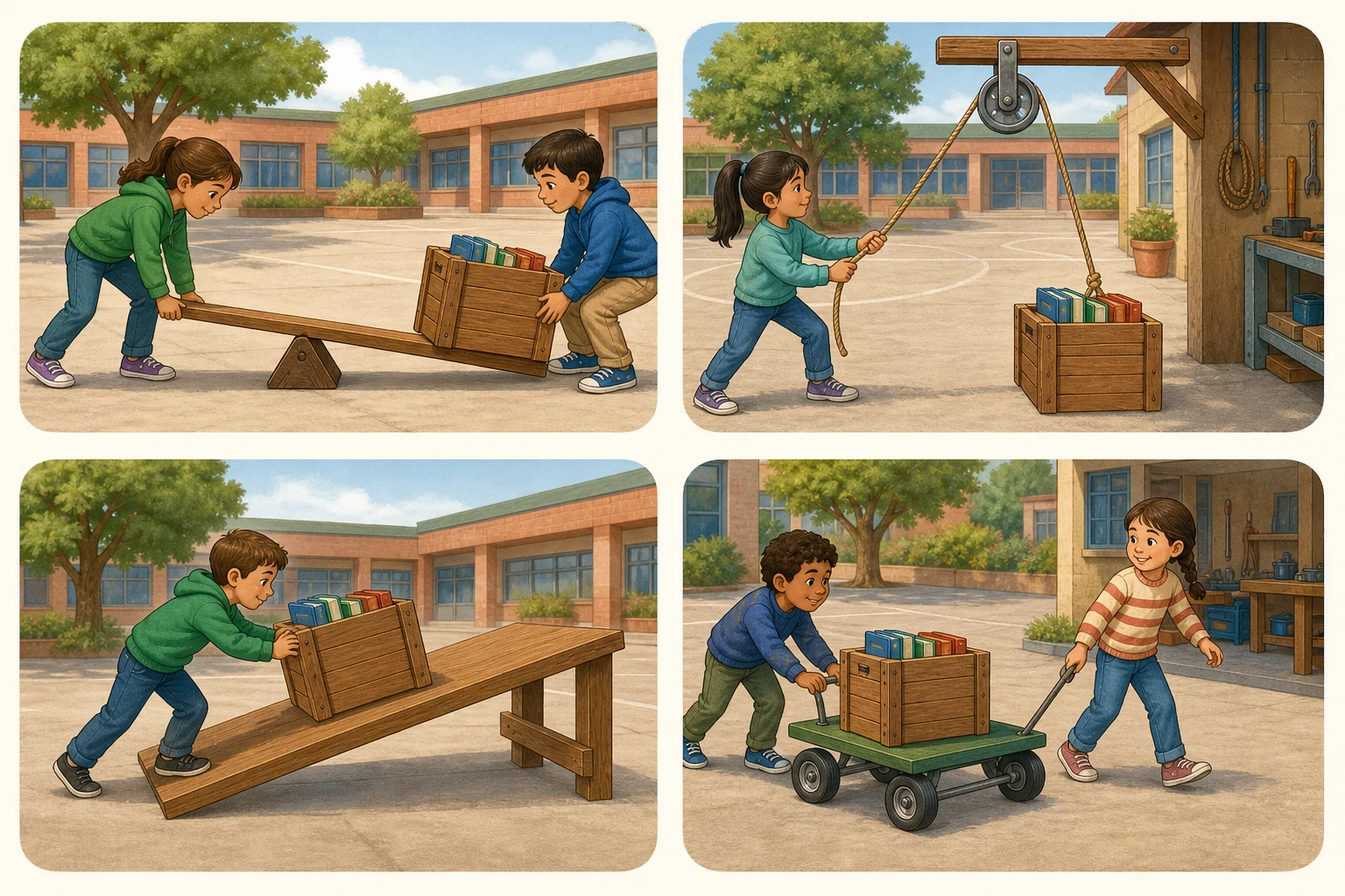 Cuatro viñetas muestran una caja de libros movida con una palanca sobre punto de apoyo, una polea fija, un plano inclinado y un carro con cuatro ruedas y ejes.